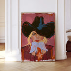 May include: Abstract portrait art print of a person wearing a black cowboy hat. The artwork features a person with blonde hair, red lips, and a maroon jacket with a star. The background is a shade of pink.