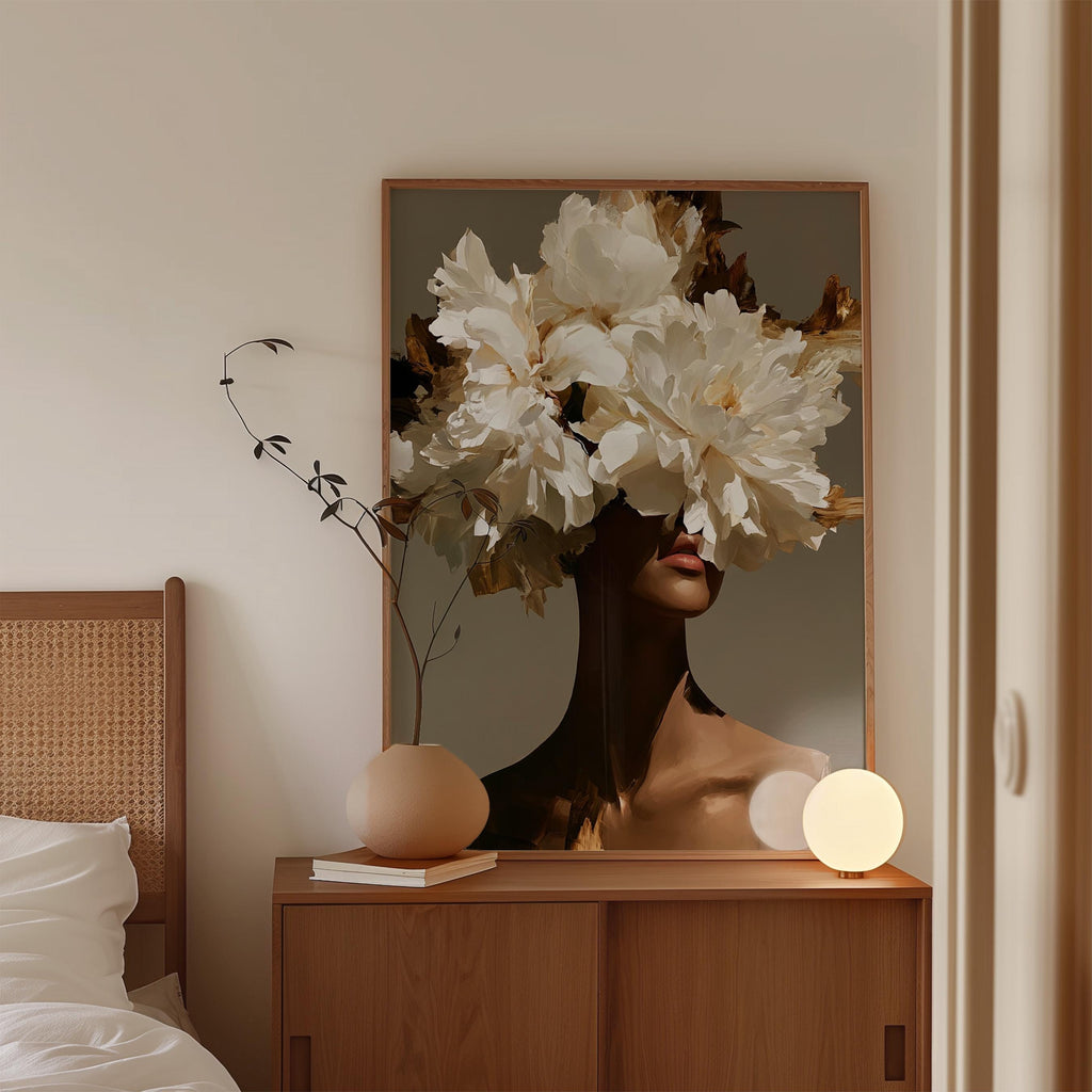 Black Woman Art Print, White Floral Portrait Poster, Elegant Wall Decor