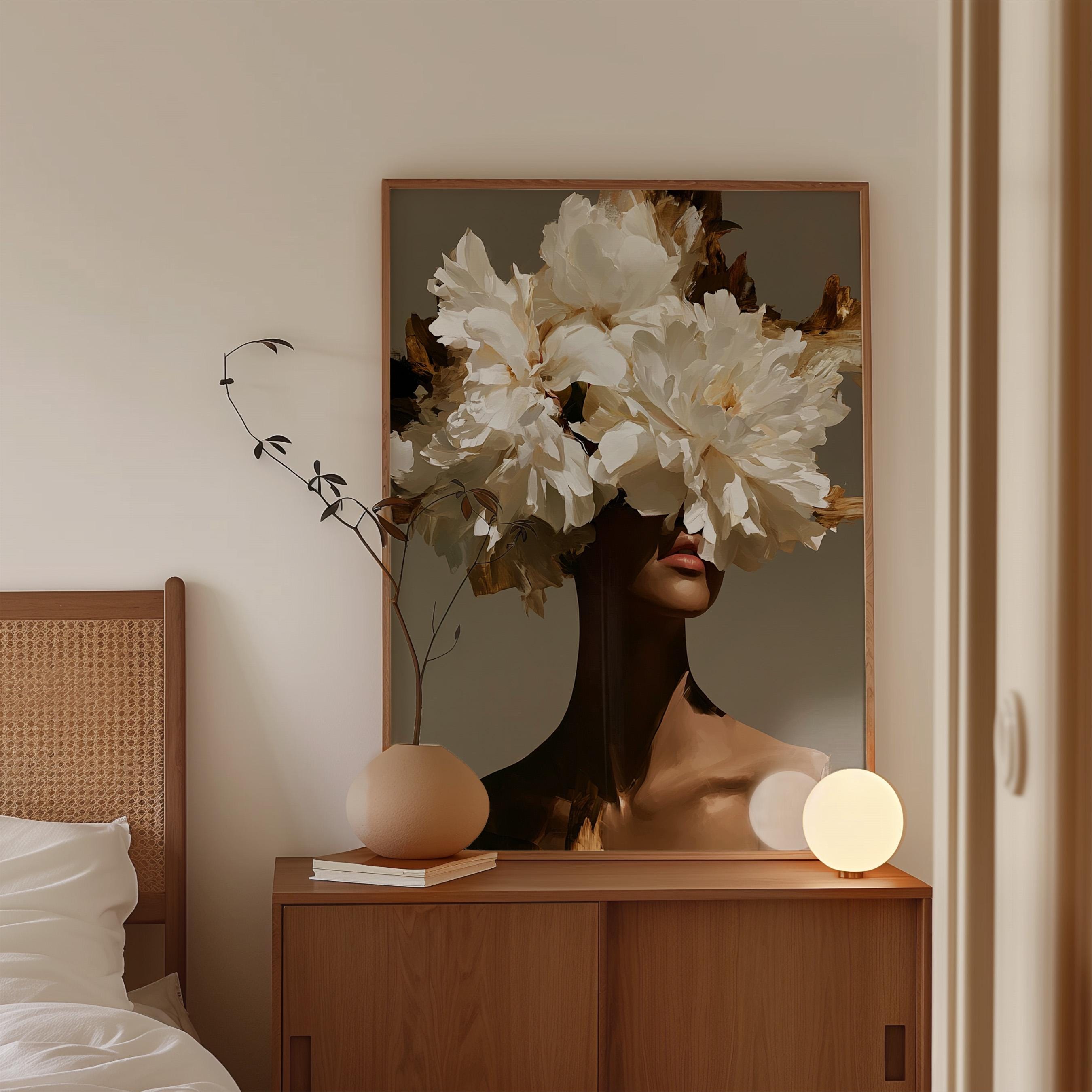 Black Woman Art Print, White Floral Portrait Poster, Elegant Wall Decor