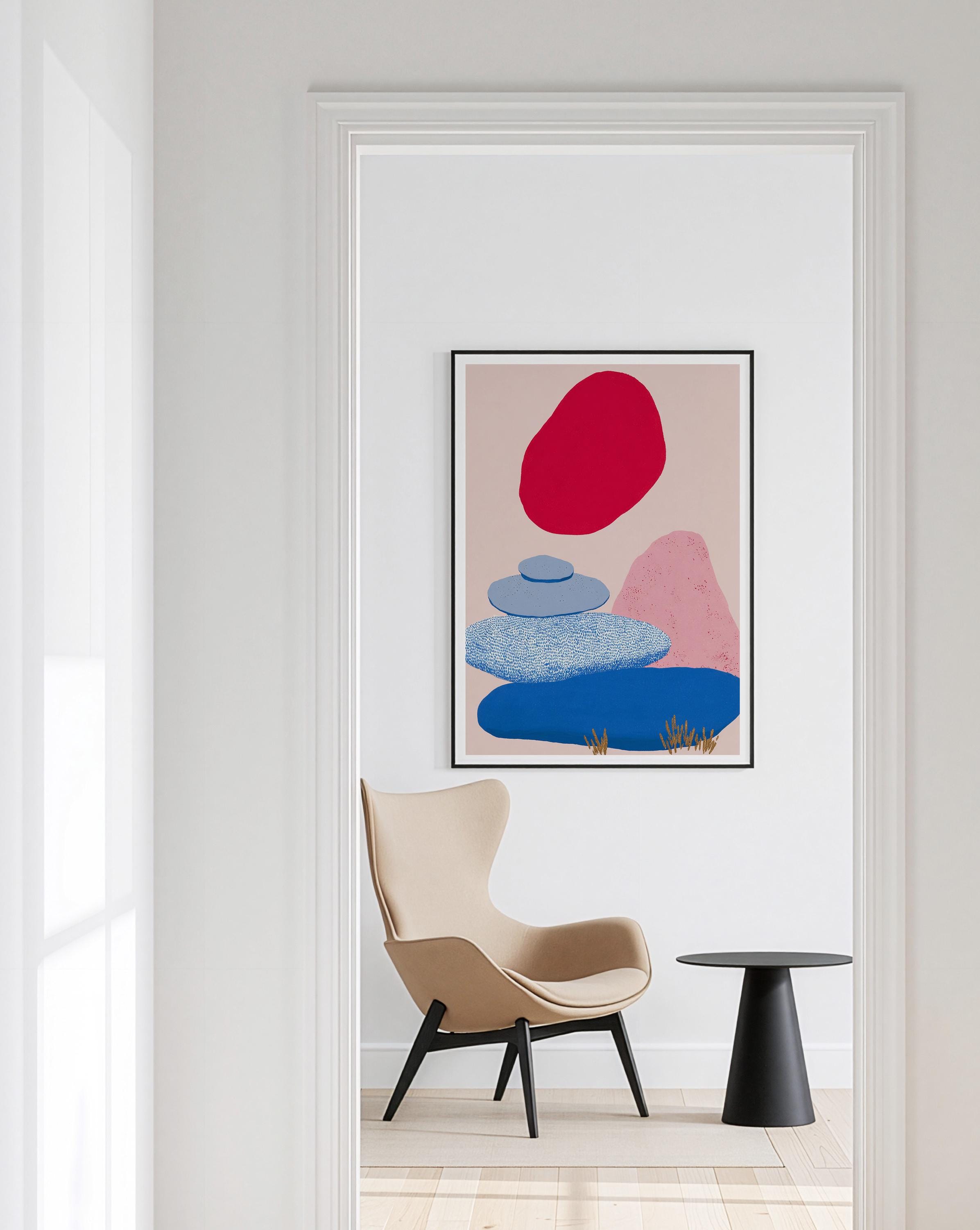 Abstract Landscape Print, Red Sun Color Block Art, Modern Wall Decor