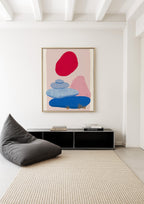 Abstract Landscape Art Print, Red Sun Blue Shapes, Boho Modern Wall Decor