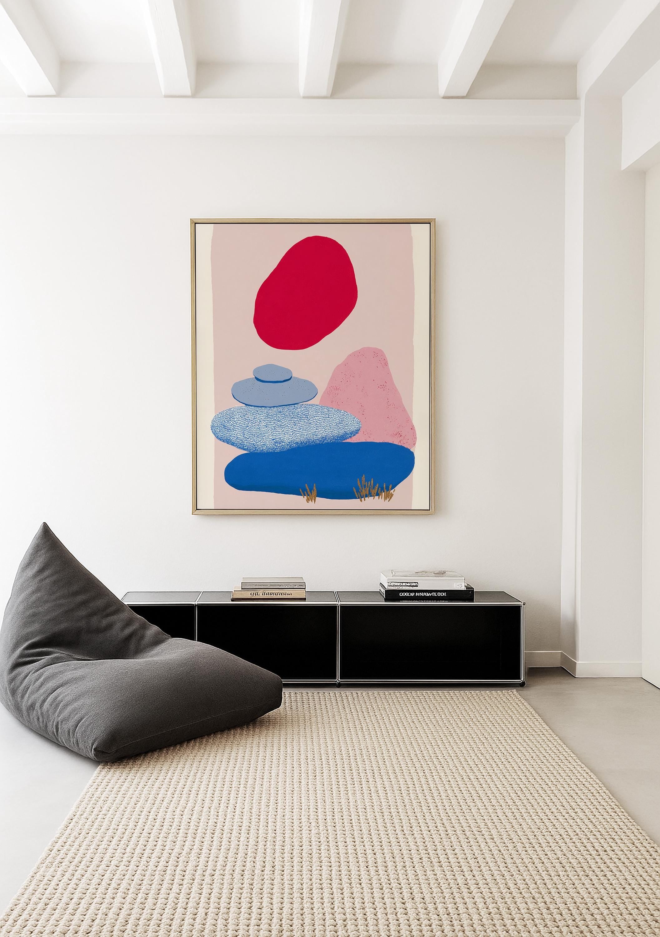 Abstract Landscape Art Print, Red Sun Blue Shapes, Boho Modern Wall Decor