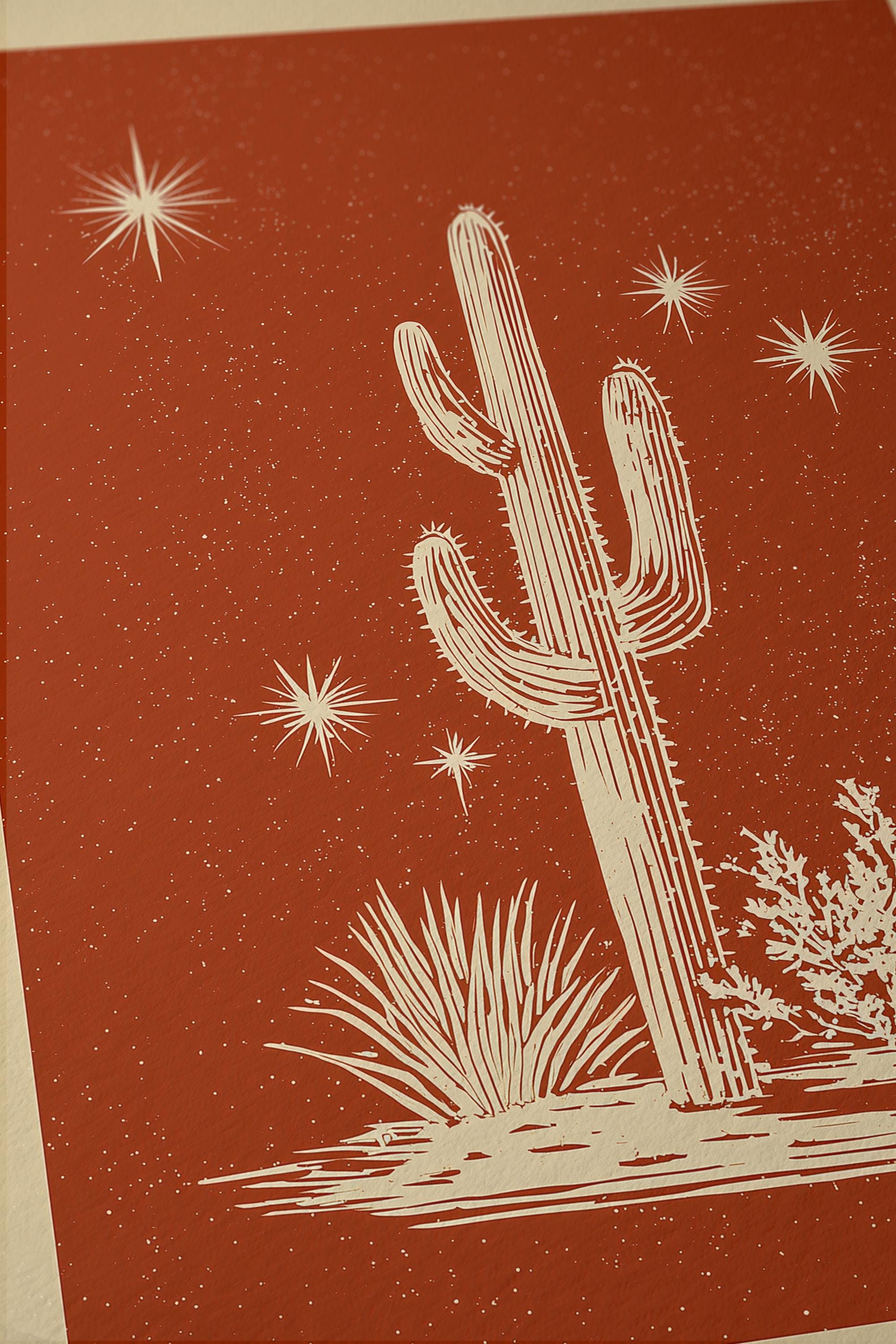 Cactus Wall Art Print, Terracotta Desert Poster, Southwestern Celestial Decor
