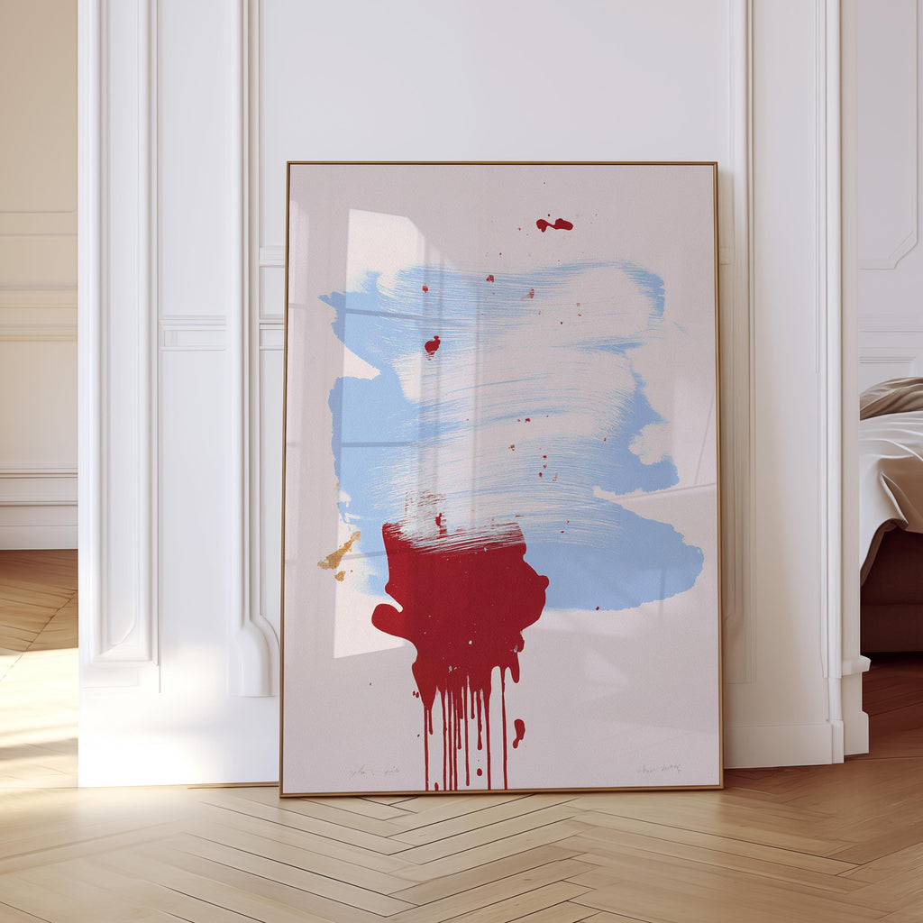 Abstract Blue Brush Stroke Red Drip Painting, Modern Gallery Canvas Poster