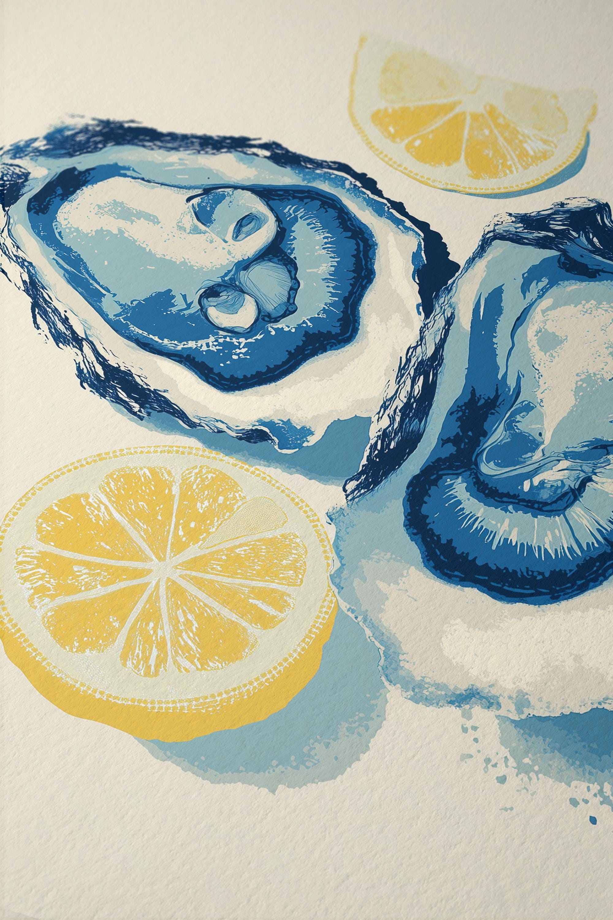 Oyster Wall Art Print, Lemon Seafood Poster, Coastal Kitchen Decor