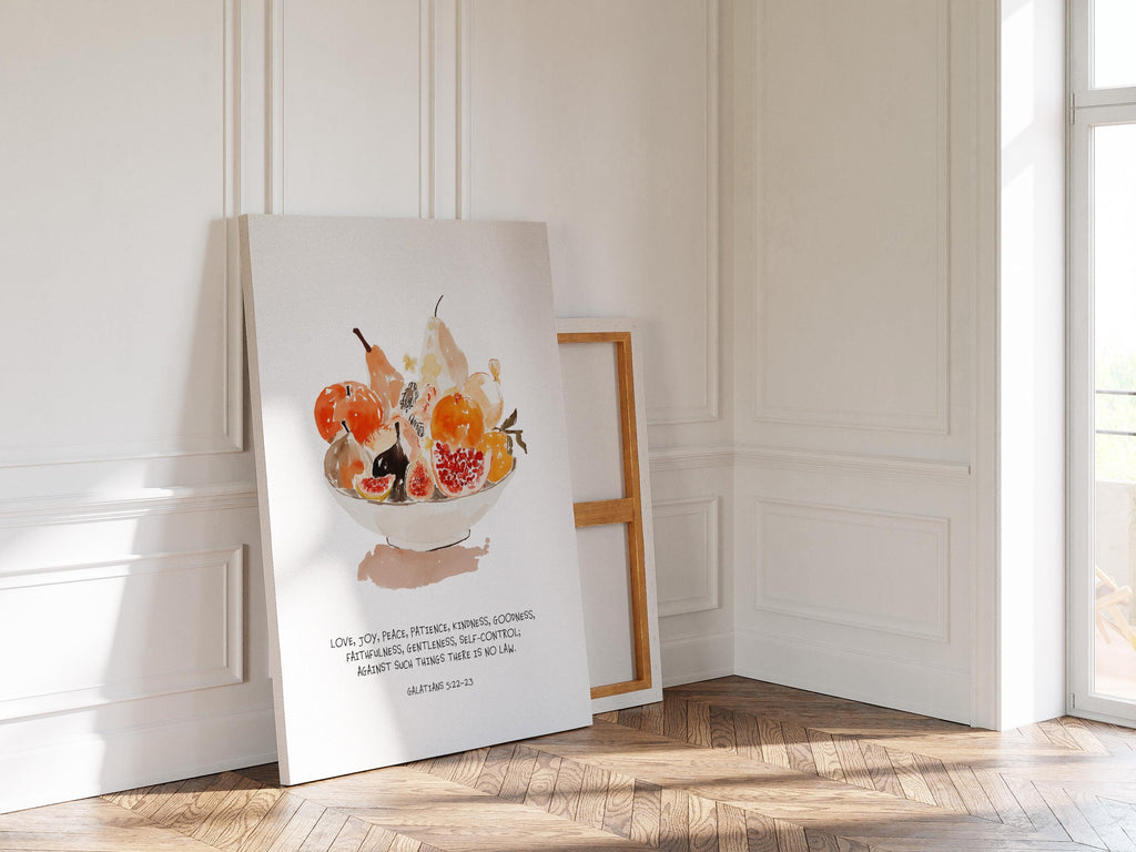 Fruit of the Spirit Wall Art Print, Watercolor Fruit Bowl, Galatians Bible Verse