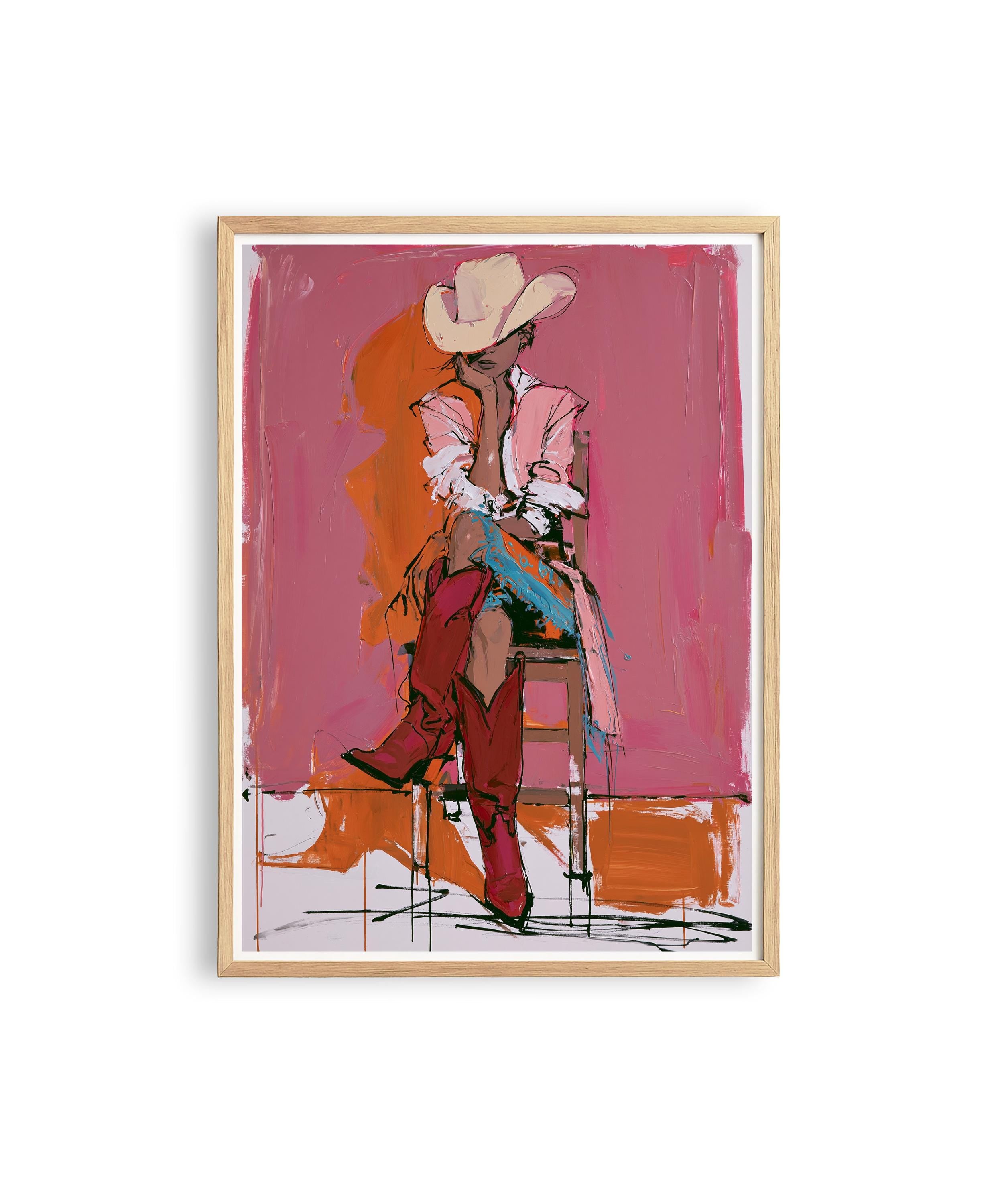 Western Cowgirl Art Print, Pink Cowgirl Wall Decor, Modern Rodeo Painting
