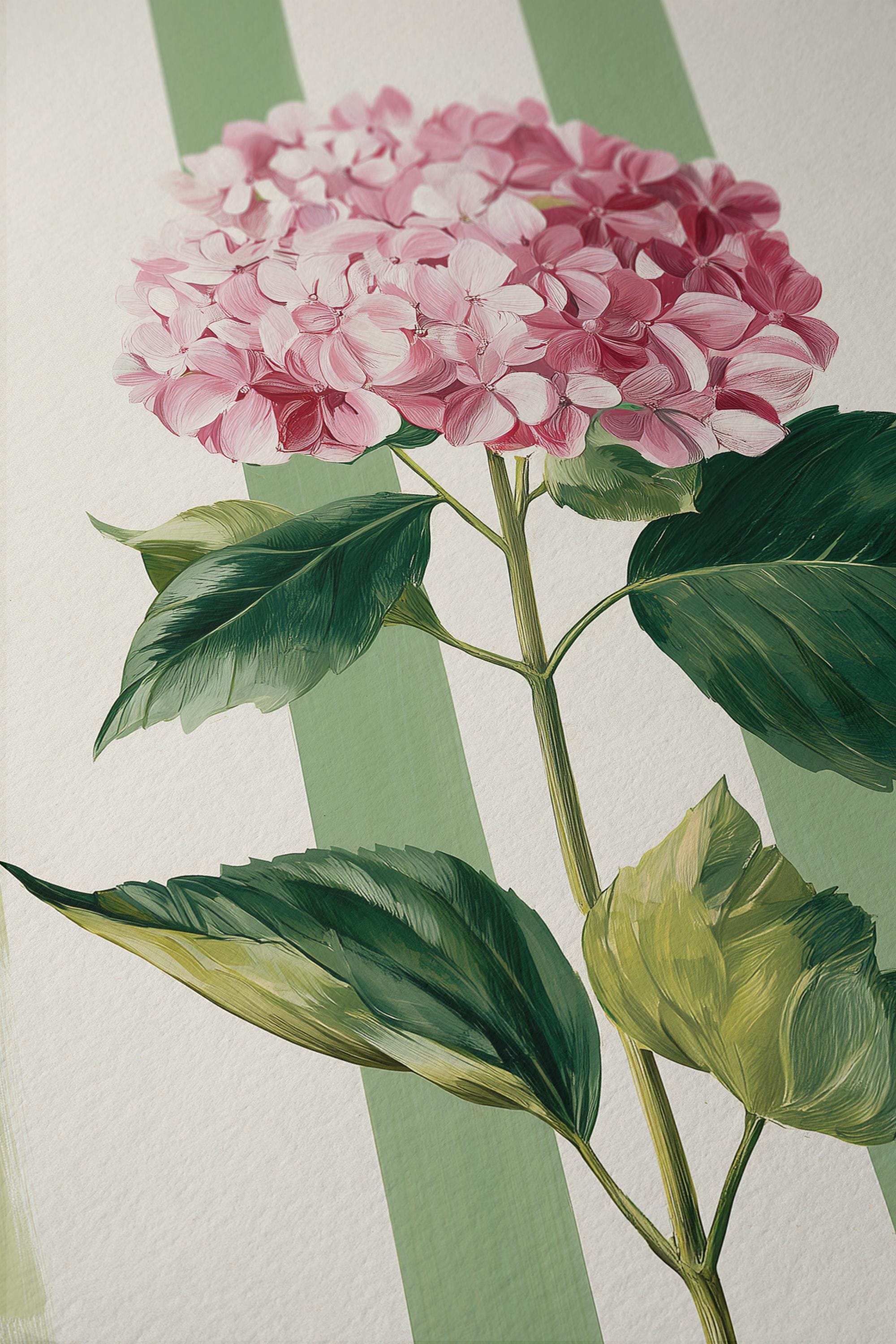 Pink Hydrangea Print, Green Striped Floral Wall Art, Cottage Bedroom Decor, Botanical Flower Art Print