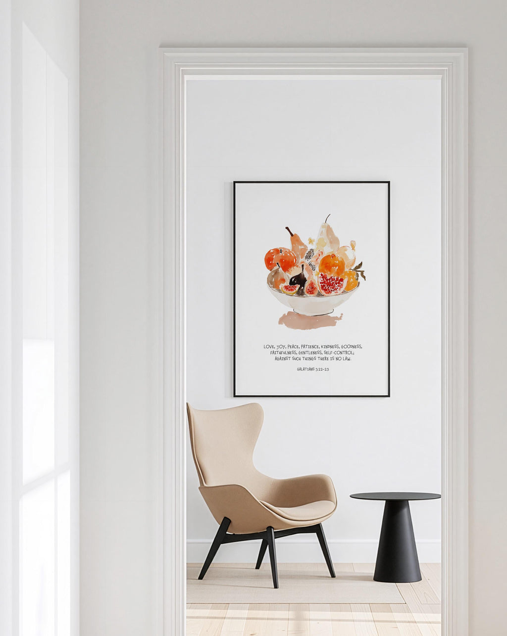Fruit of the Spirit Wall Art Print, Watercolor Fruit Bowl, Galatians Bible Verse
