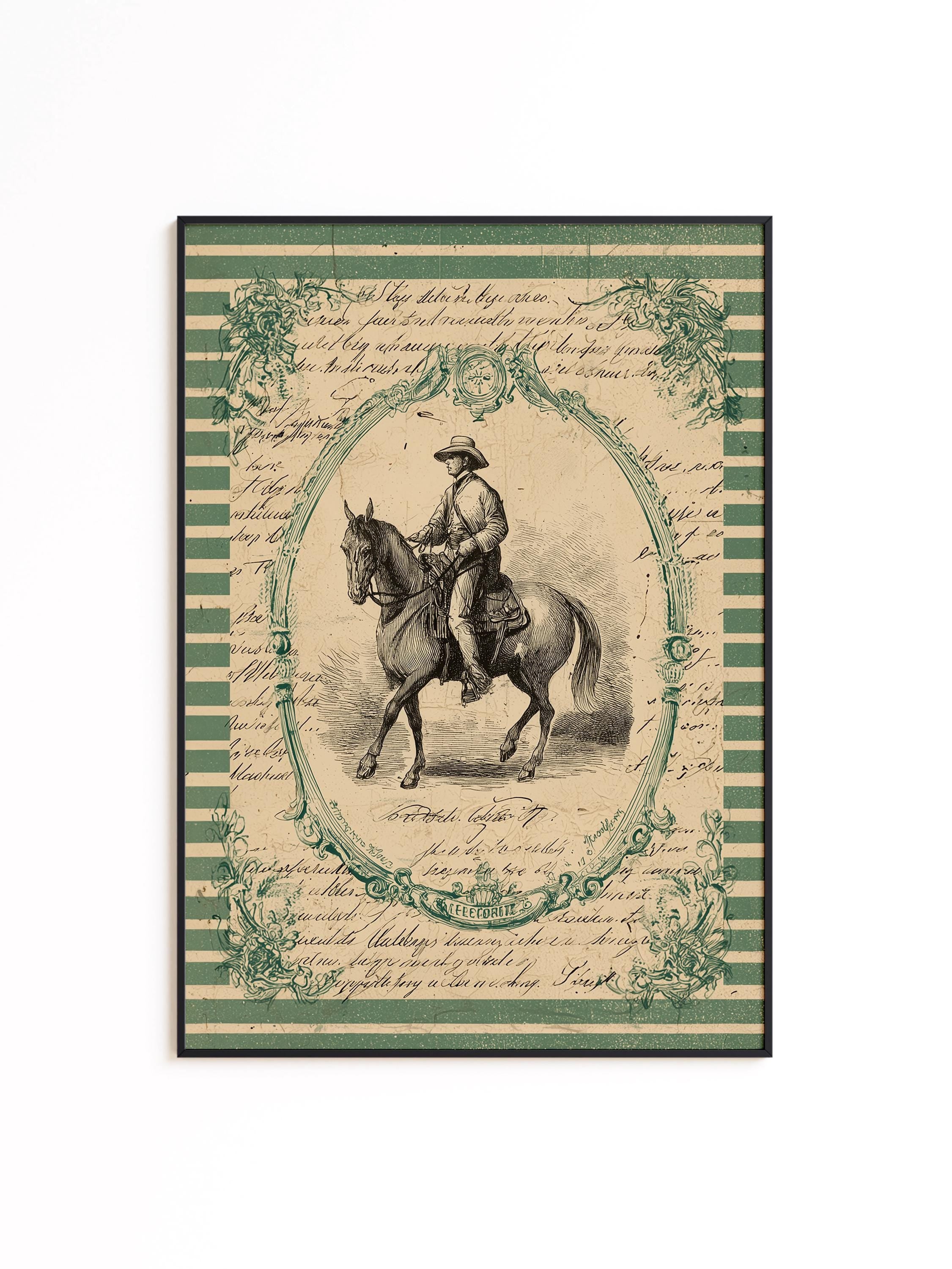 Vintage Western Art Print, Antique Cowboy Horse Poster, Sage Green Wall Decor