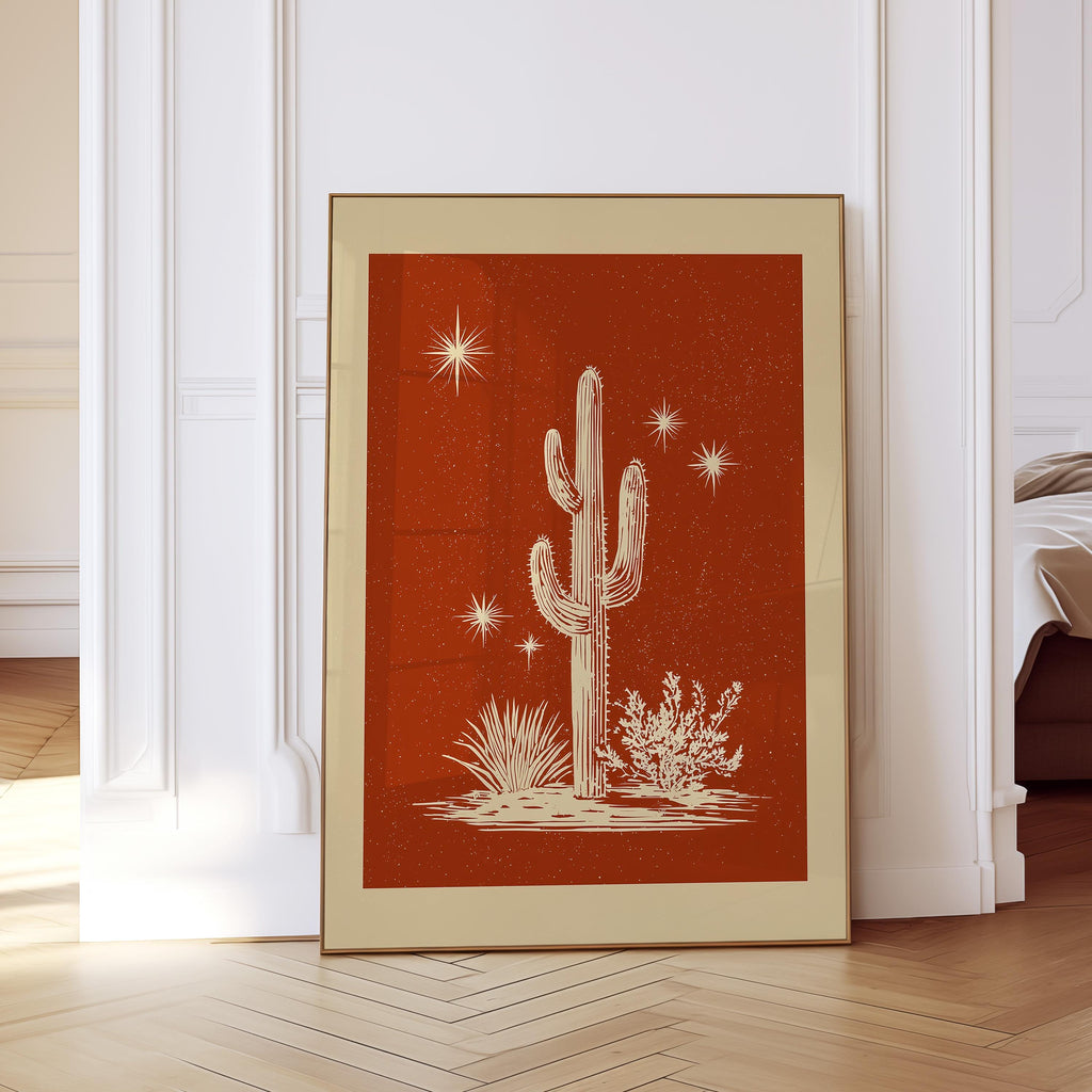 Cactus Wall Art Print, Terracotta Desert Poster, Southwestern Celestial Decor