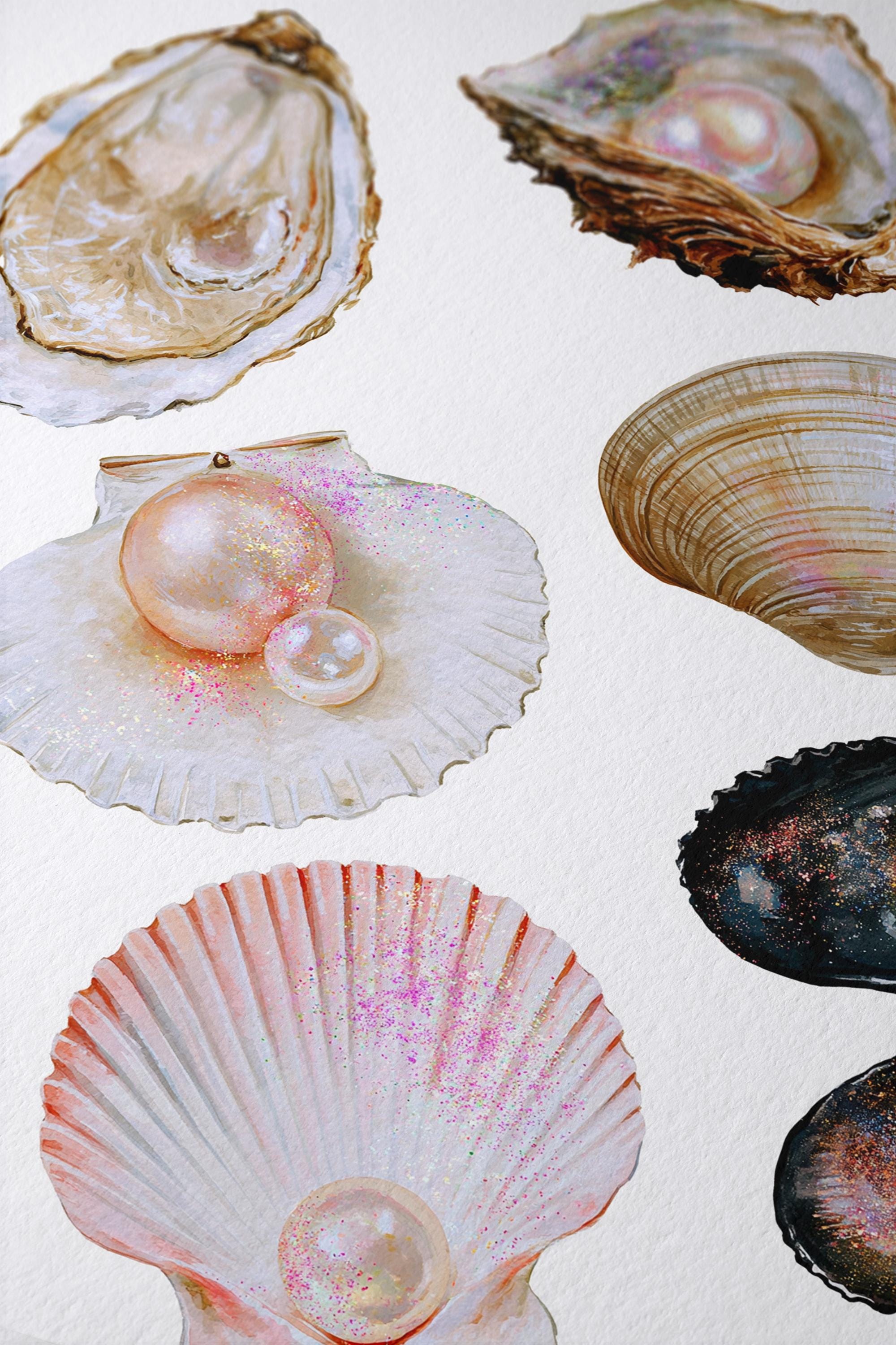 Pearl Shell Wall Art Print, Coastal Vintage Printable, Oyster and Seashell Poster, Neutral Beach Bathroom Decor