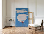 Abstract Blue Circle Print, White Brush Stroke Red Drip Art, Modern Gallery Decor