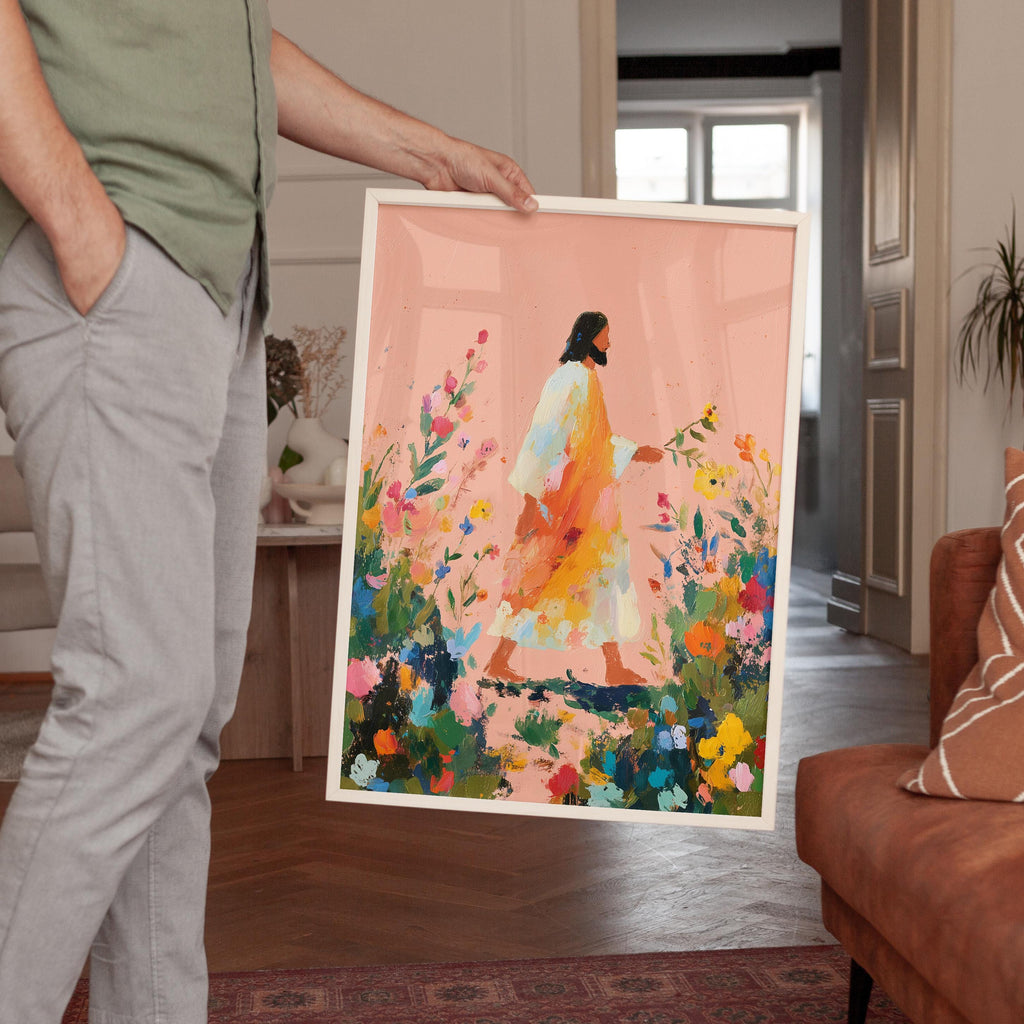 Jesus Walking Through Flowers Print, Christian Wall Art, Faith Inspired Floral Painting, Bible Decor Printable Wall Art
