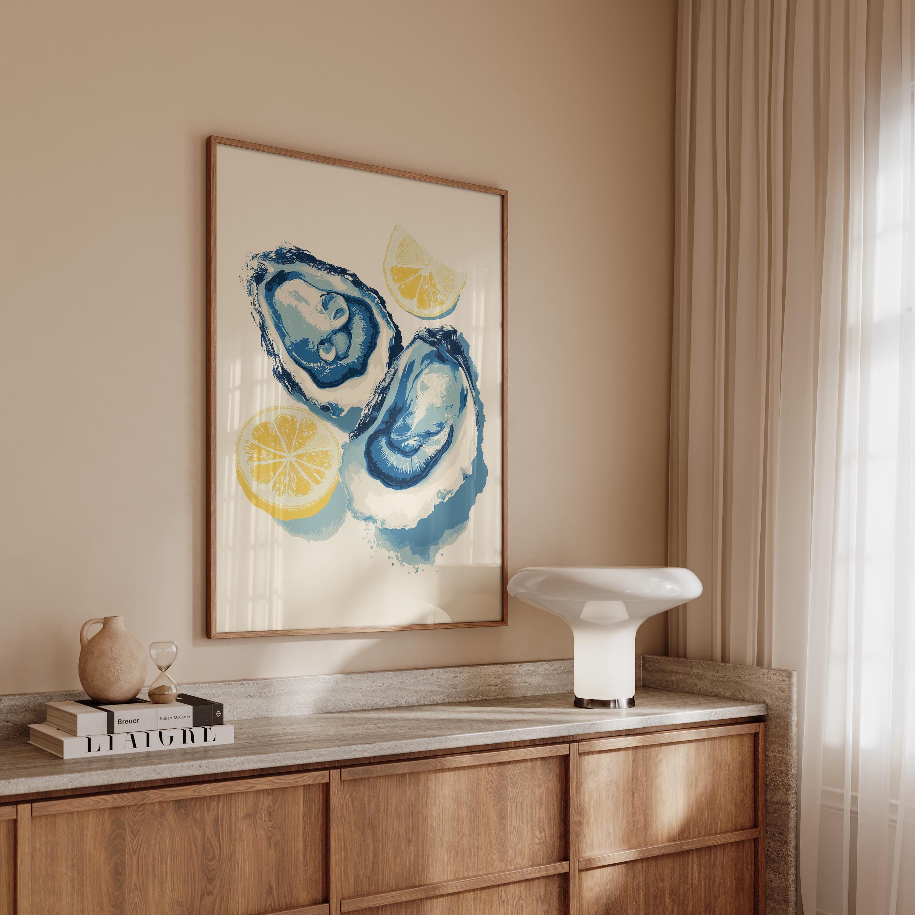 Oyster Wall Art Print, Lemon Seafood Poster, Coastal Kitchen Decor