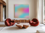 May include: A modern living room featuring two red, rounded armchairs, a wooden coffee table, and a large abstract painting with pastel colors. The painting has the text "everything comes back in time". A wooden cabinet and a white rug complete the scene.