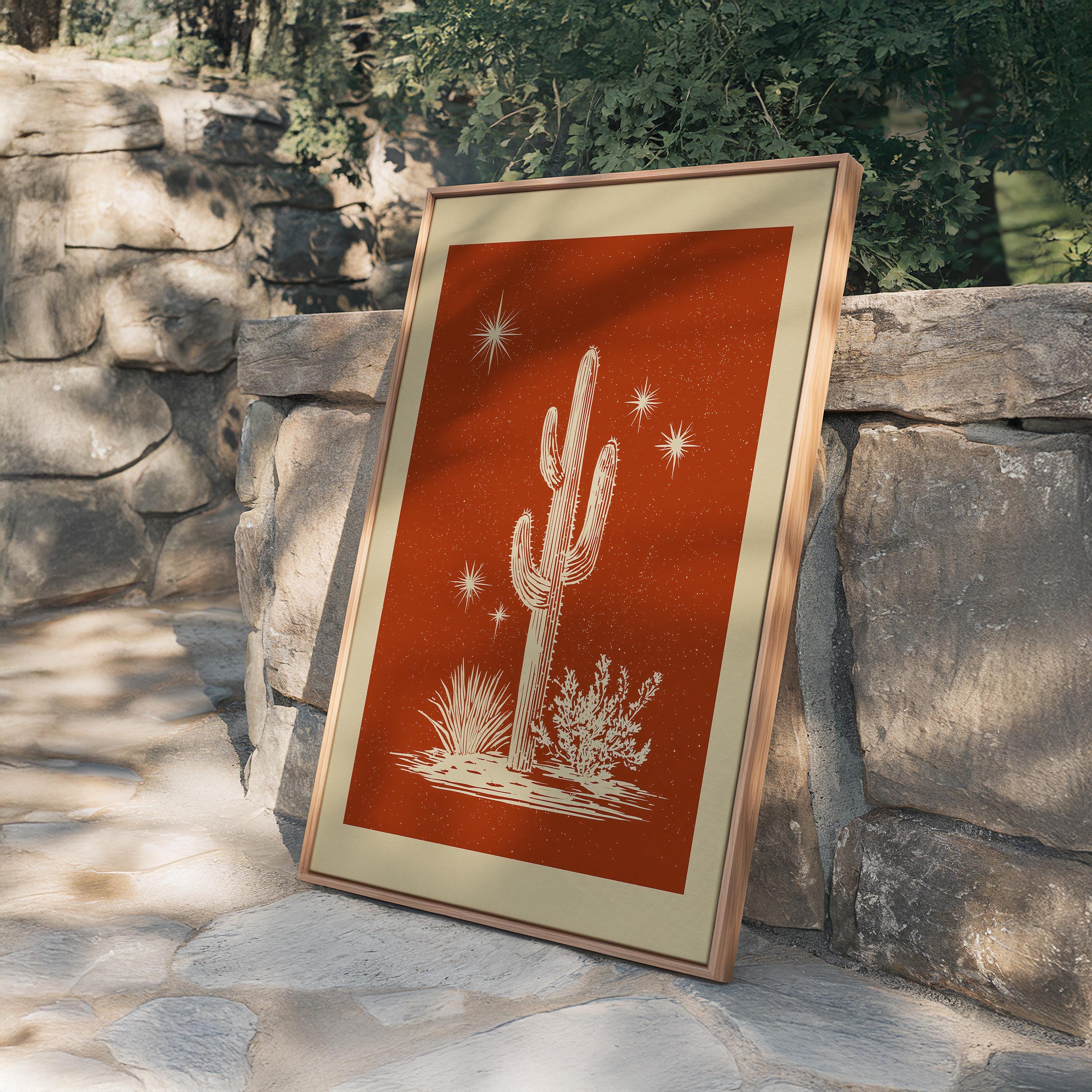 Cactus Wall Art Print, Terracotta Desert Poster, Southwestern Celestial Decor