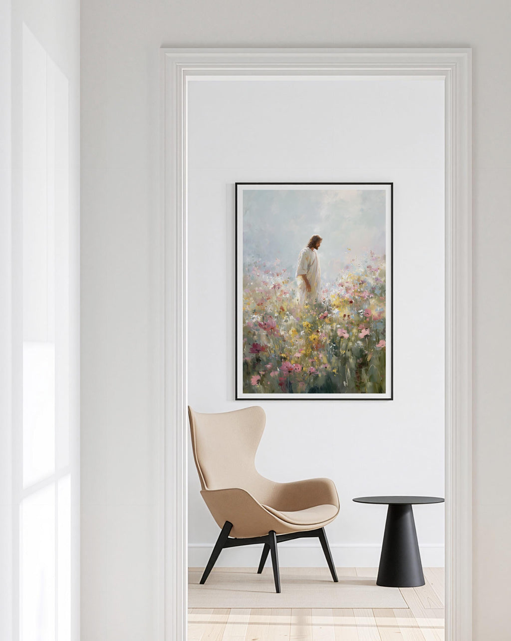 Jesus in Wildflower Field Print, Christian Wall Art, Faith Inspired Floral Painting, Bible Decor Printable Wall Art