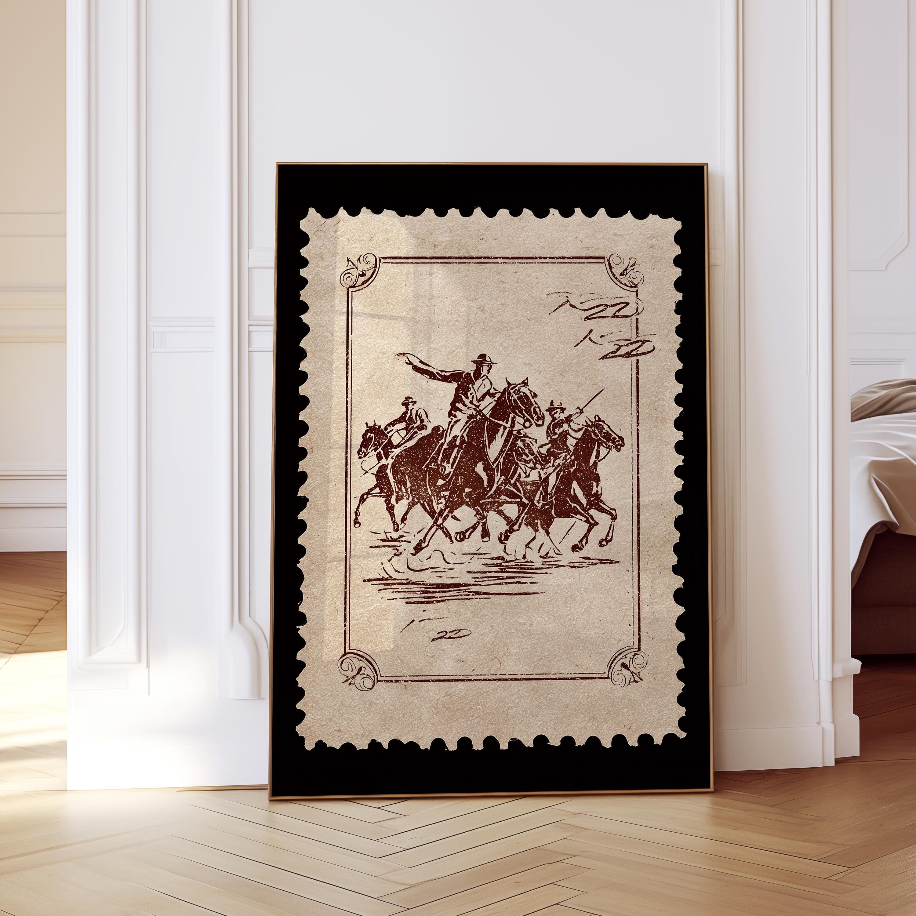 Vintage Cowboy Art Print, Western Stamp Poster, Black Sepia Ranch Decor