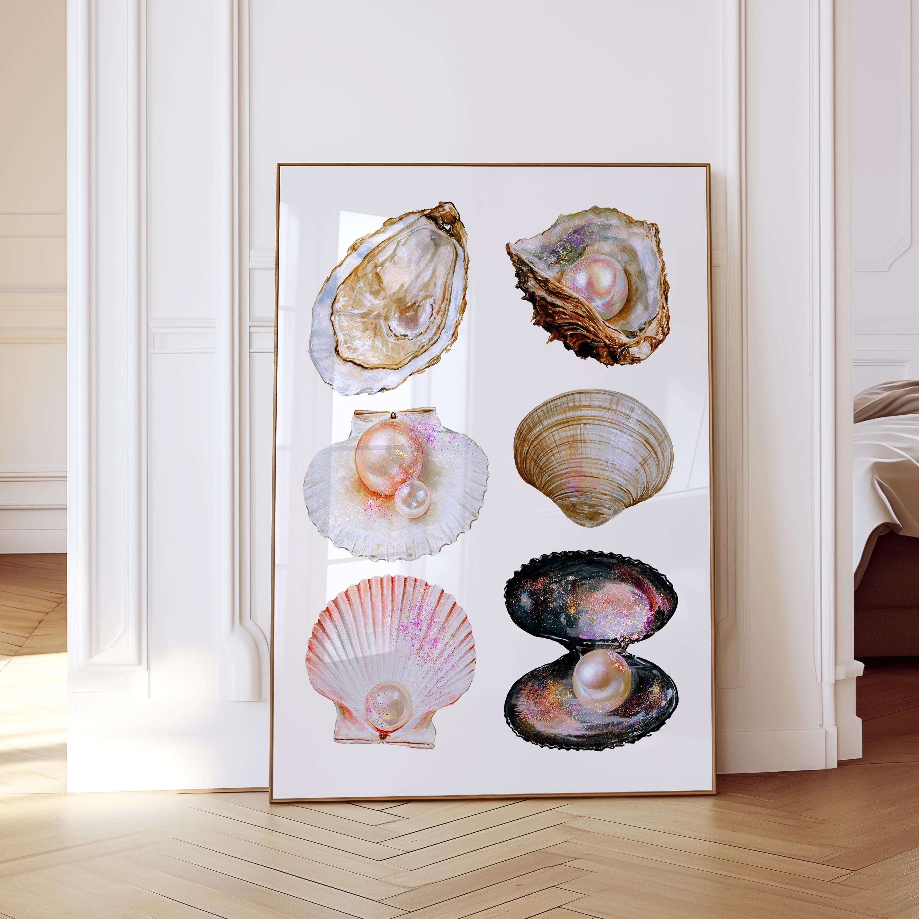 Pearl Shell Wall Art Print, Coastal Vintage Printable, Oyster and Seashell Poster, Neutral Beach Bathroom Decor