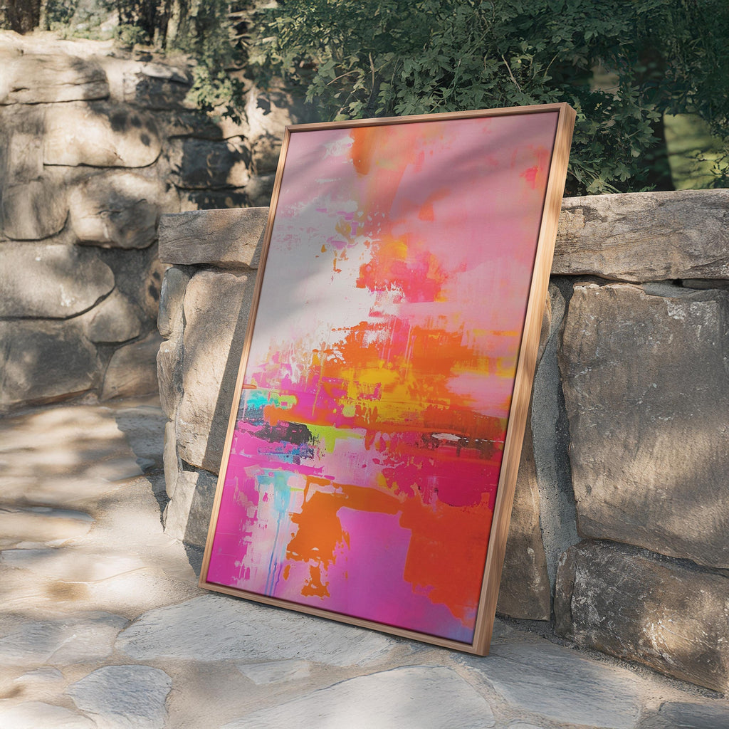 Radiant Horizon Abstract Painting, Pink Orange Sunset Canvas, Bold Energetic Print