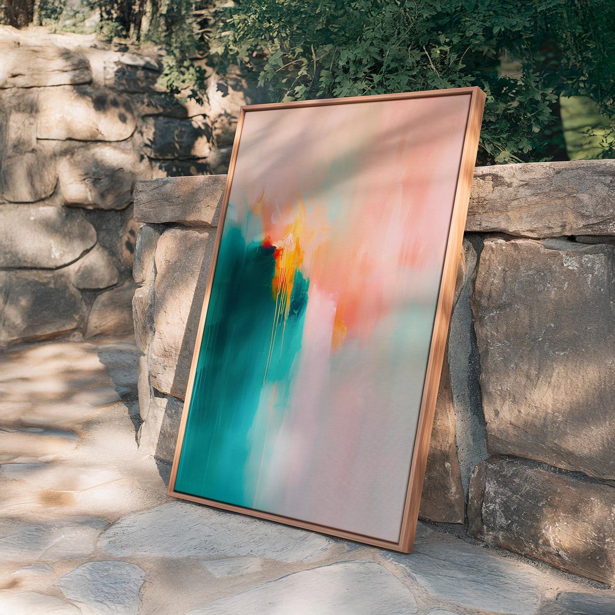 Teal Abstract Art Print, Coral Pink Painting, Modern Colorful Wall Decor