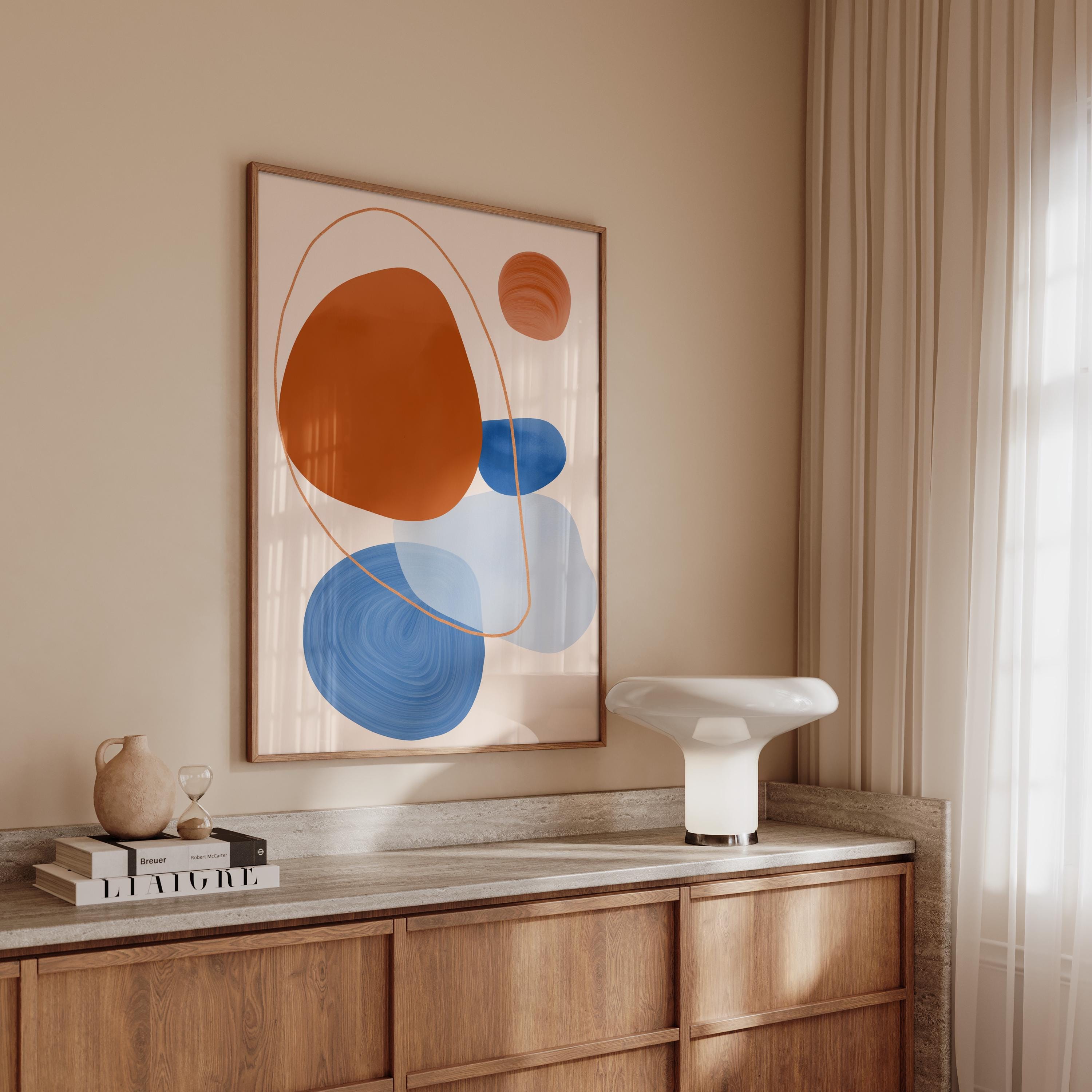Orange Blue Abstract Art Print, Mid Century Modern Poster, Geometric Wall Decor