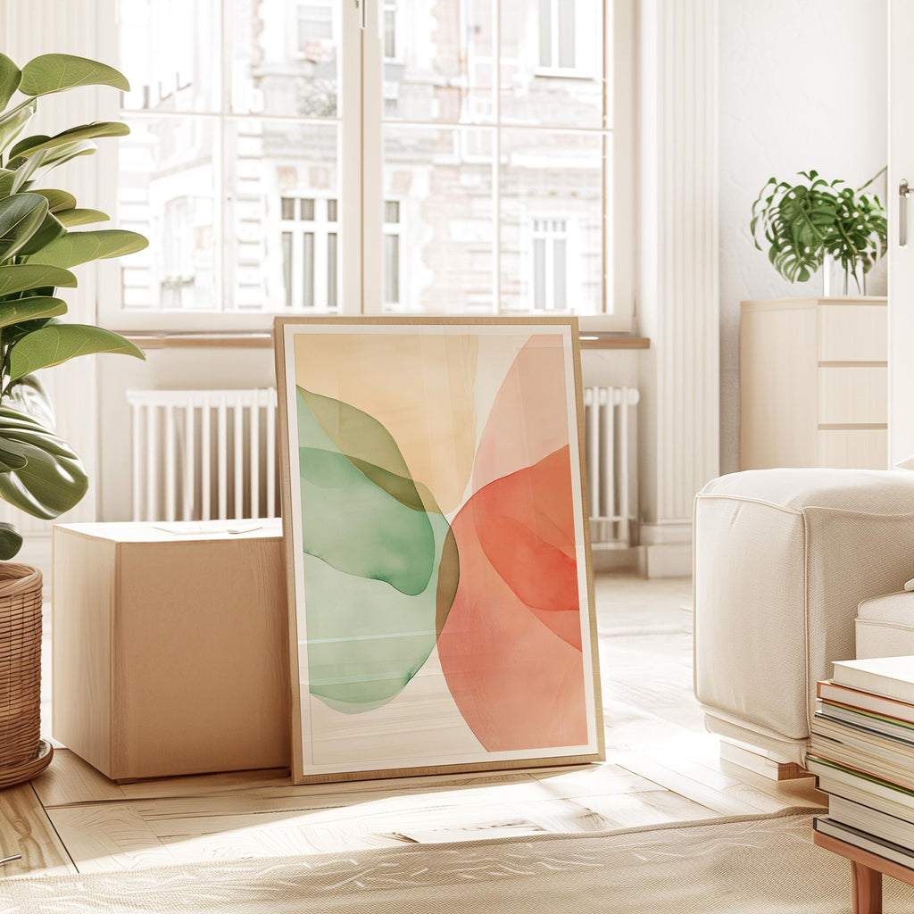 Sage Green Peach Abstract Wall Art, Soft Pastel Shape Print, Minimal Modern Decor
