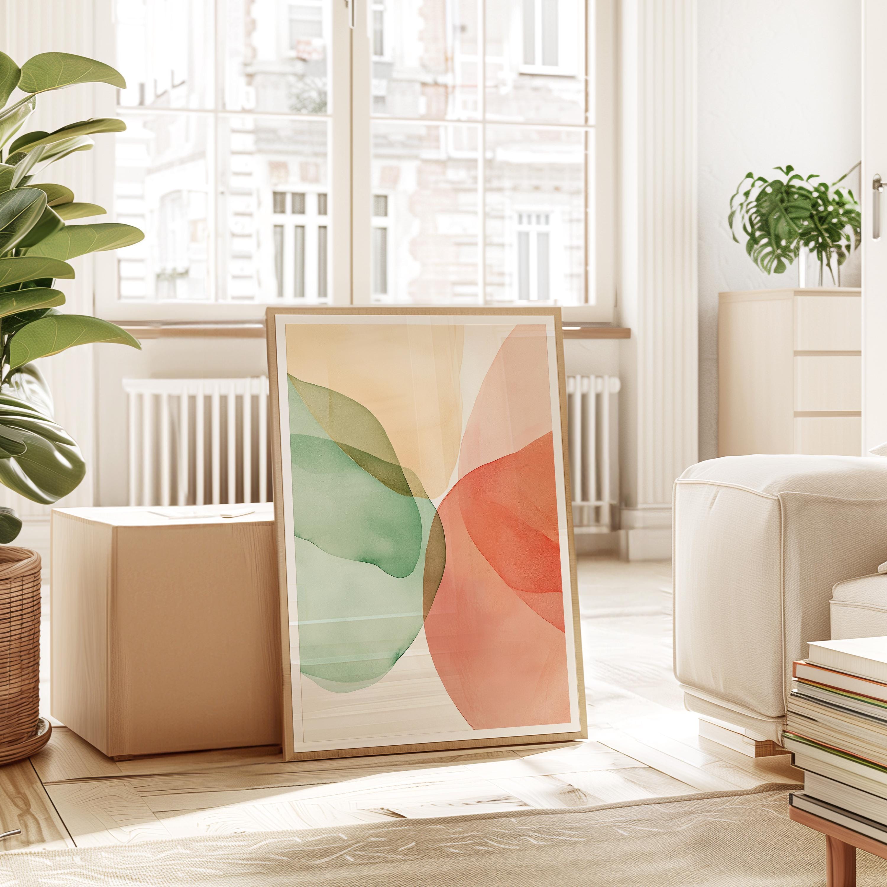 Sage Green Peach Abstract Wall Art, Soft Pastel Shape Print, Minimal Modern Decor
