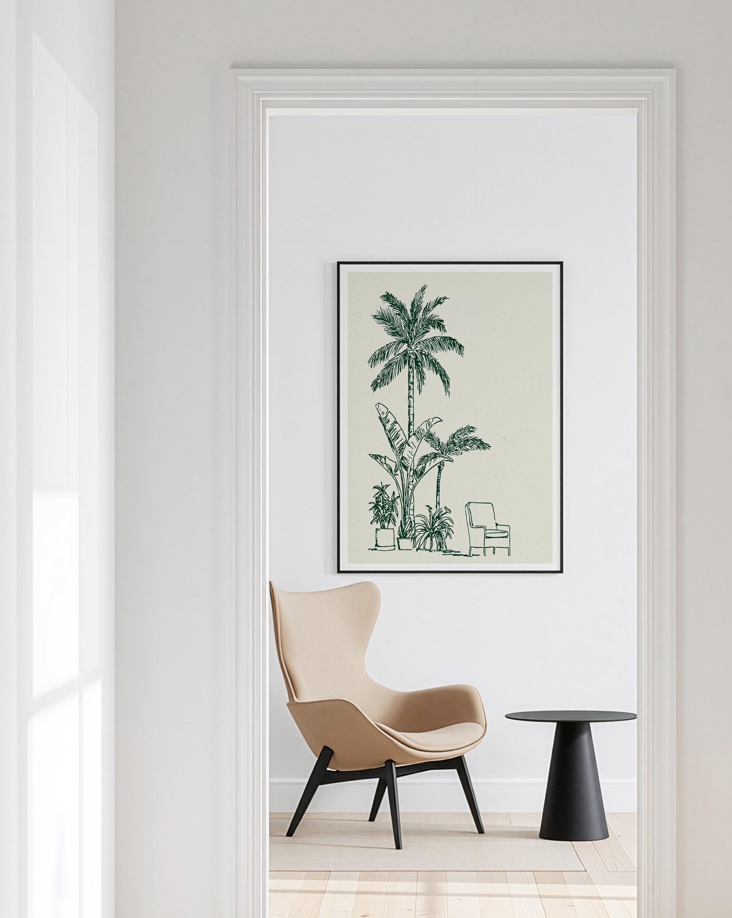 Palm Tree Wall Art Print, Minimal Botanical Line Art, Green Tropical Decor