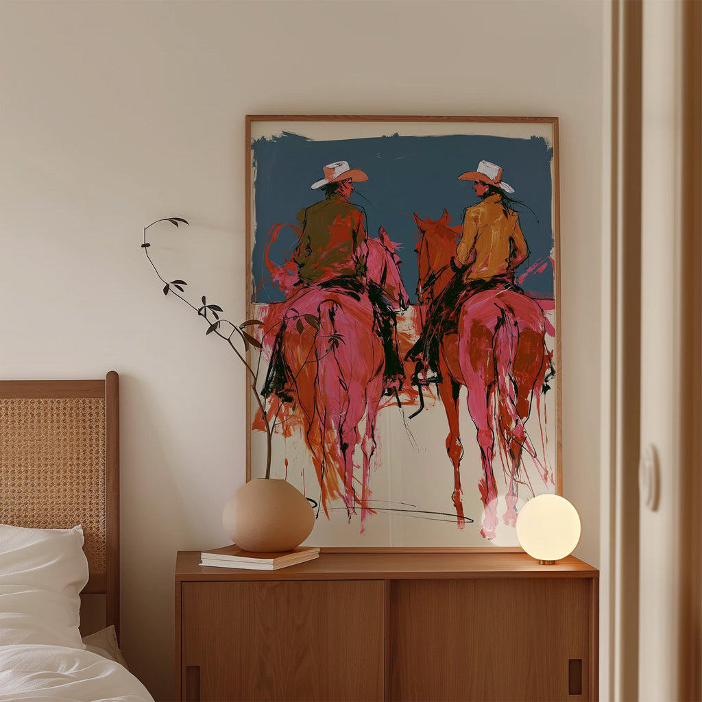 Western Wall Art Print, Cowboy Horse Poster, Modern Ranch Decor, Pink Rodeo Artwork Print