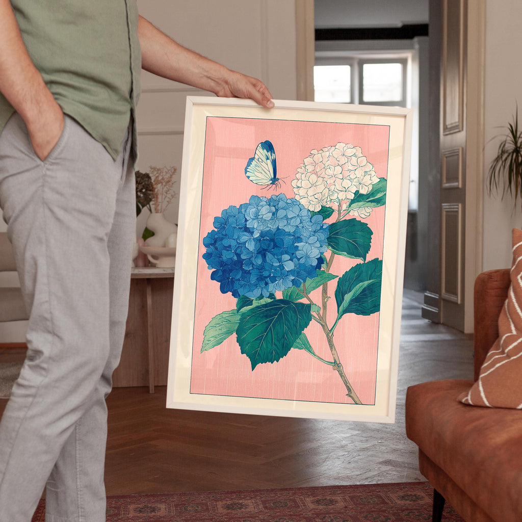Hydrangea Wall Art Print, Blue Floral Poster, Botanical Flower Decor