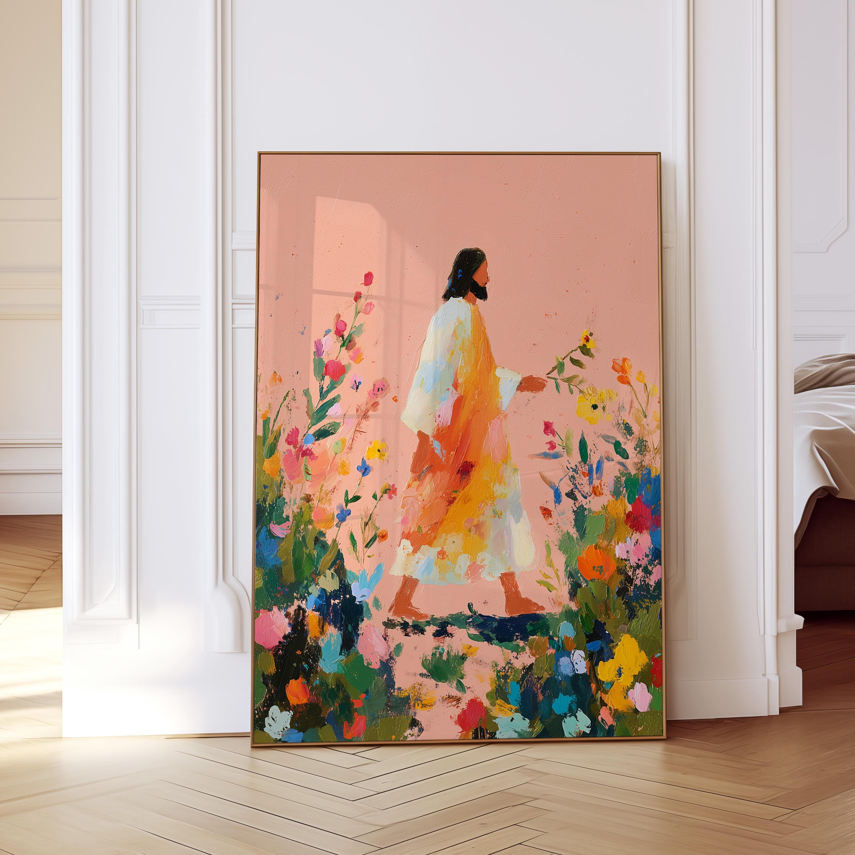 Jesus Walking Through Flowers Print, Christian Wall Art, Faith Inspired Floral Painting, Bible Decor Printable Wall Art