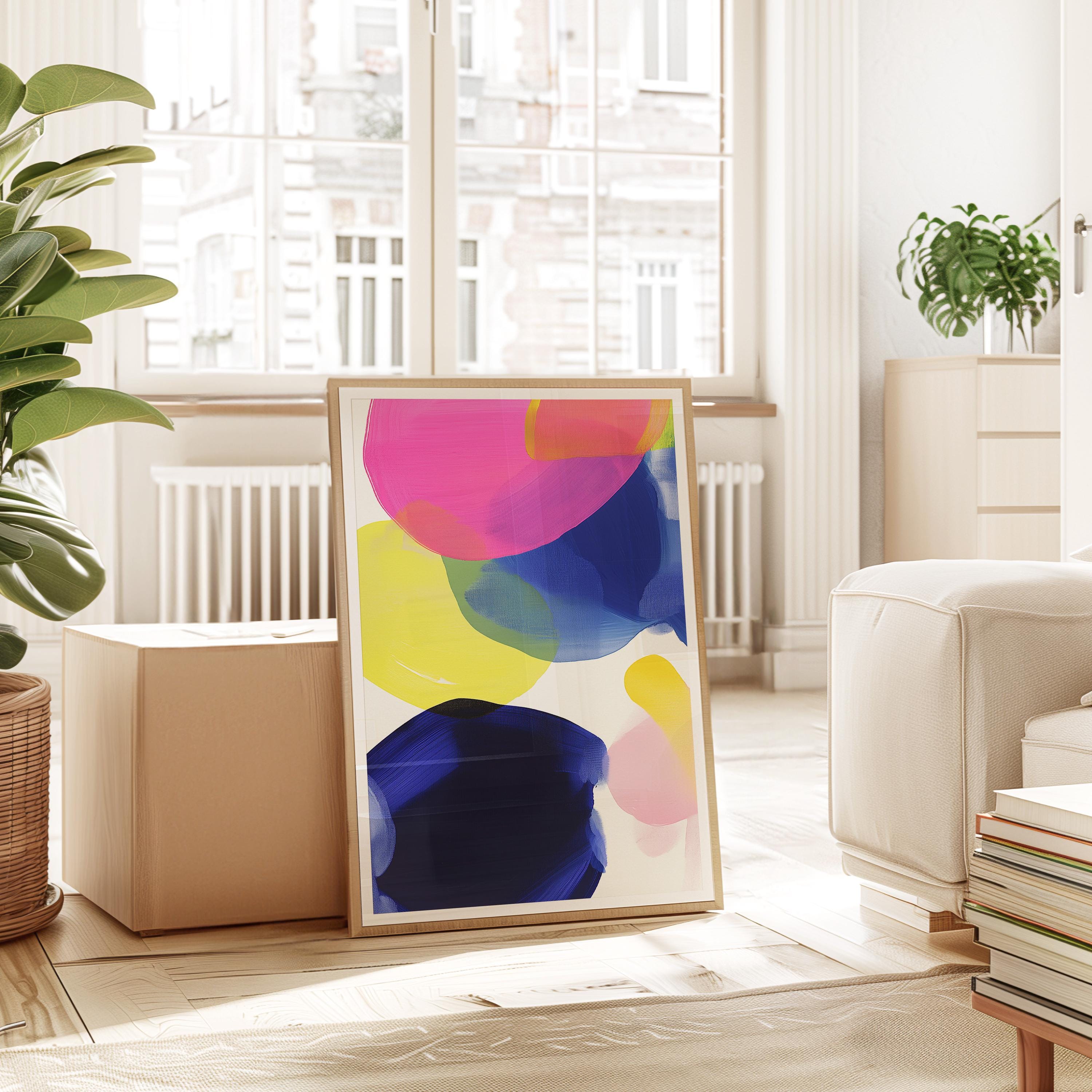 Colorful Abstract Wall Art, Pink Yellow Blue Brushstroke Print, Modern Bold Decor