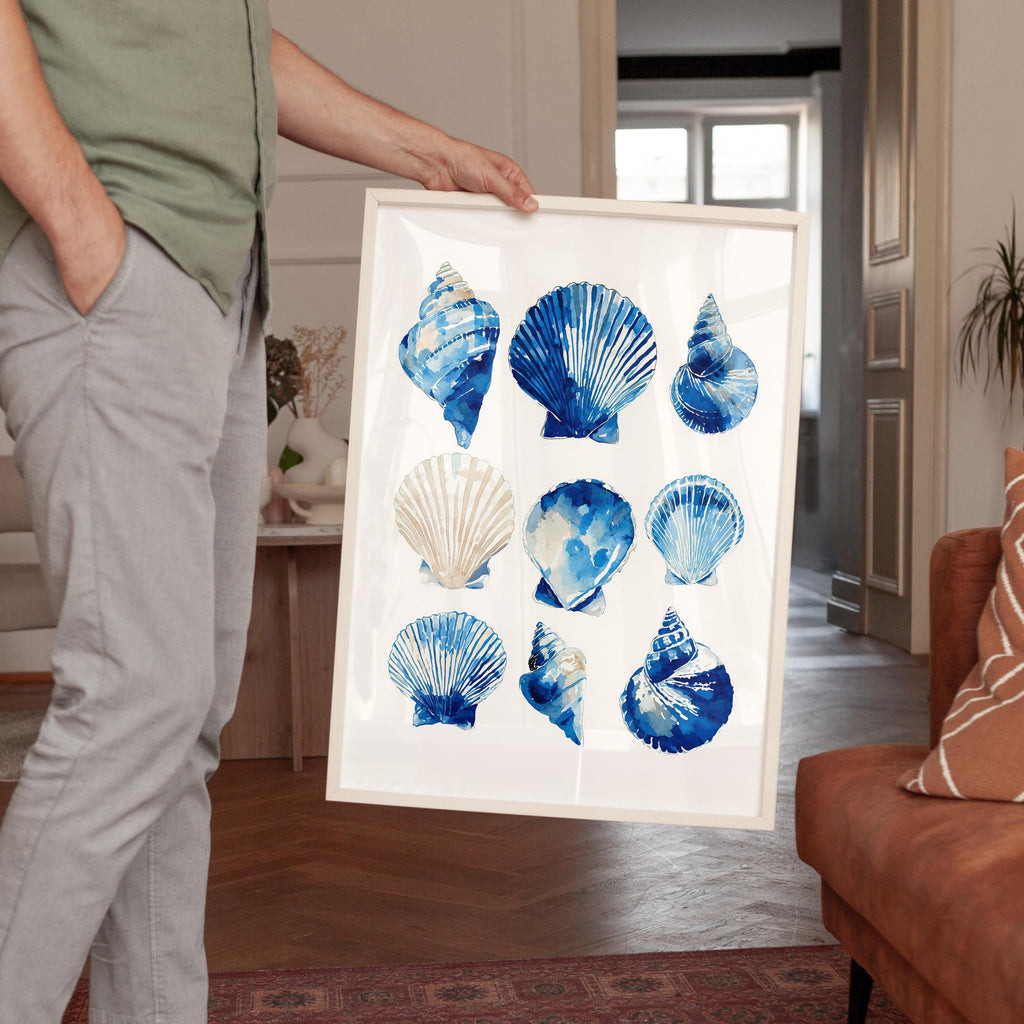 Blue Seashell Art Print, Coastal Bathroom Poster, Ocean Shell Wall Decor