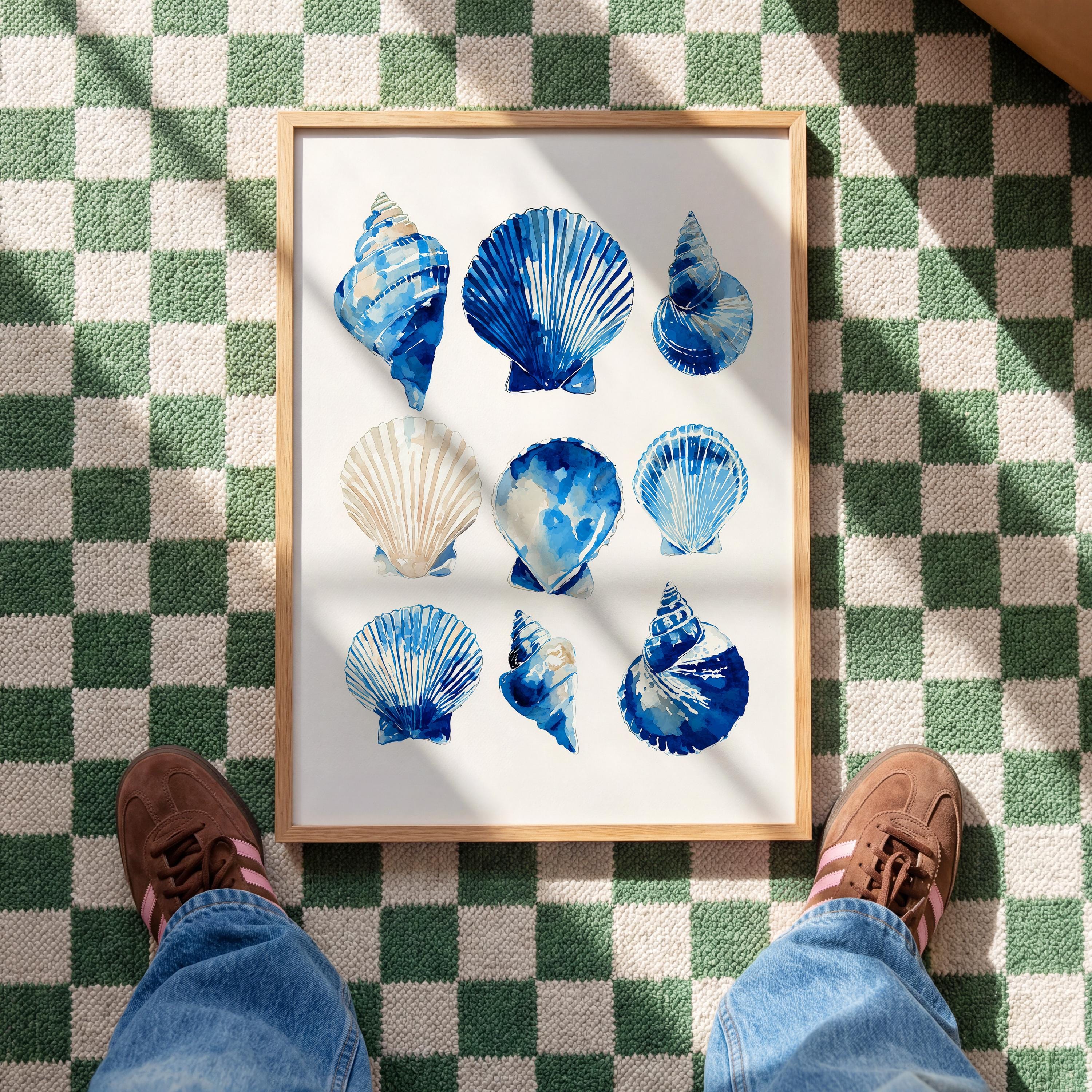 Blue Seashell Art Print, Coastal Bathroom Poster, Ocean Shell Wall Decor