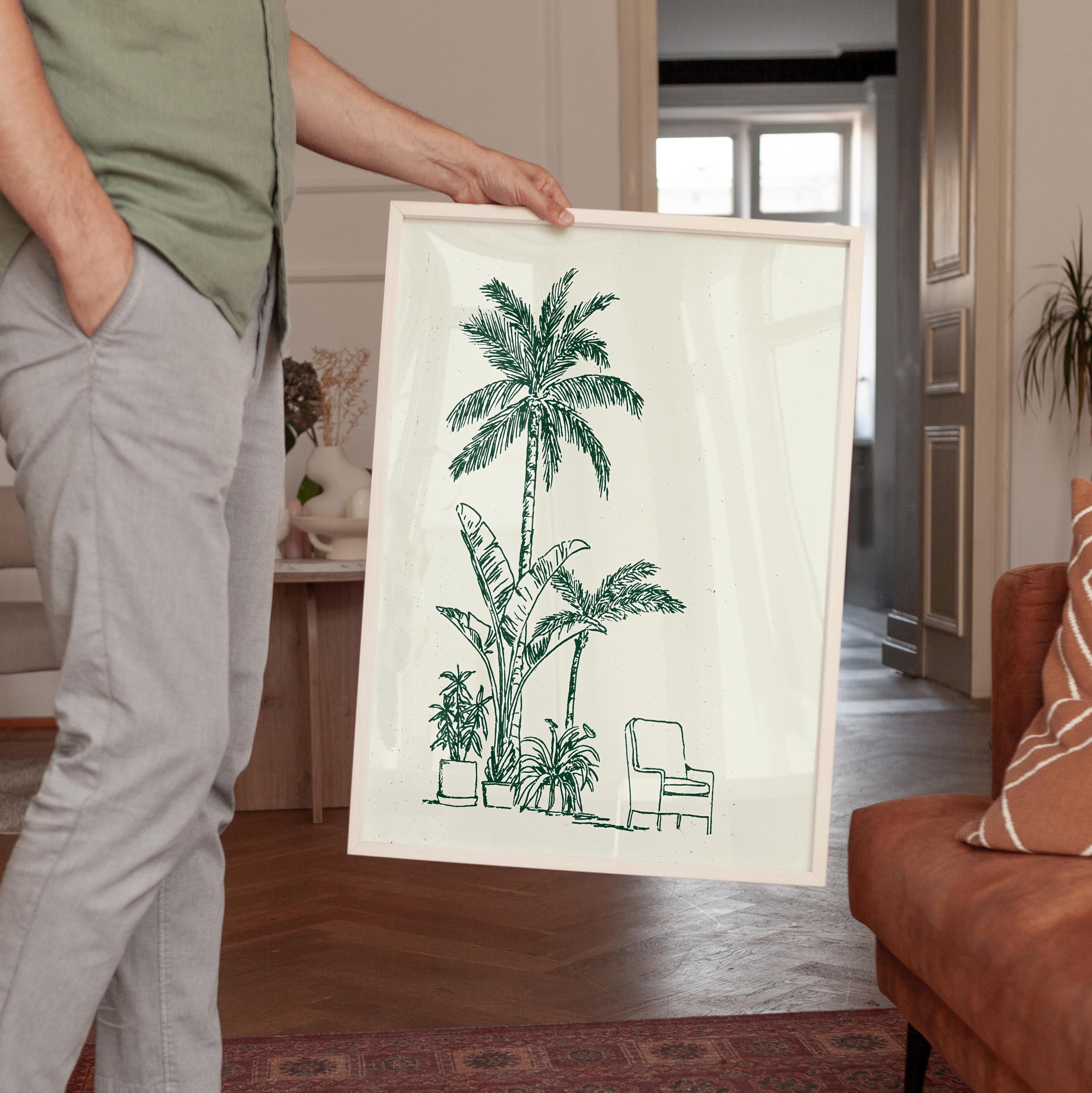 Palm Tree Wall Art Print, Minimal Botanical Line Art, Green Tropical Decor