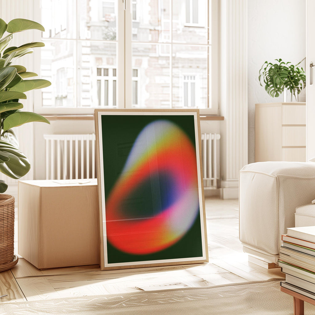 Colorful Abstract Gradient Art Print, Modern Neon Shape Poster, Dark Green Decor