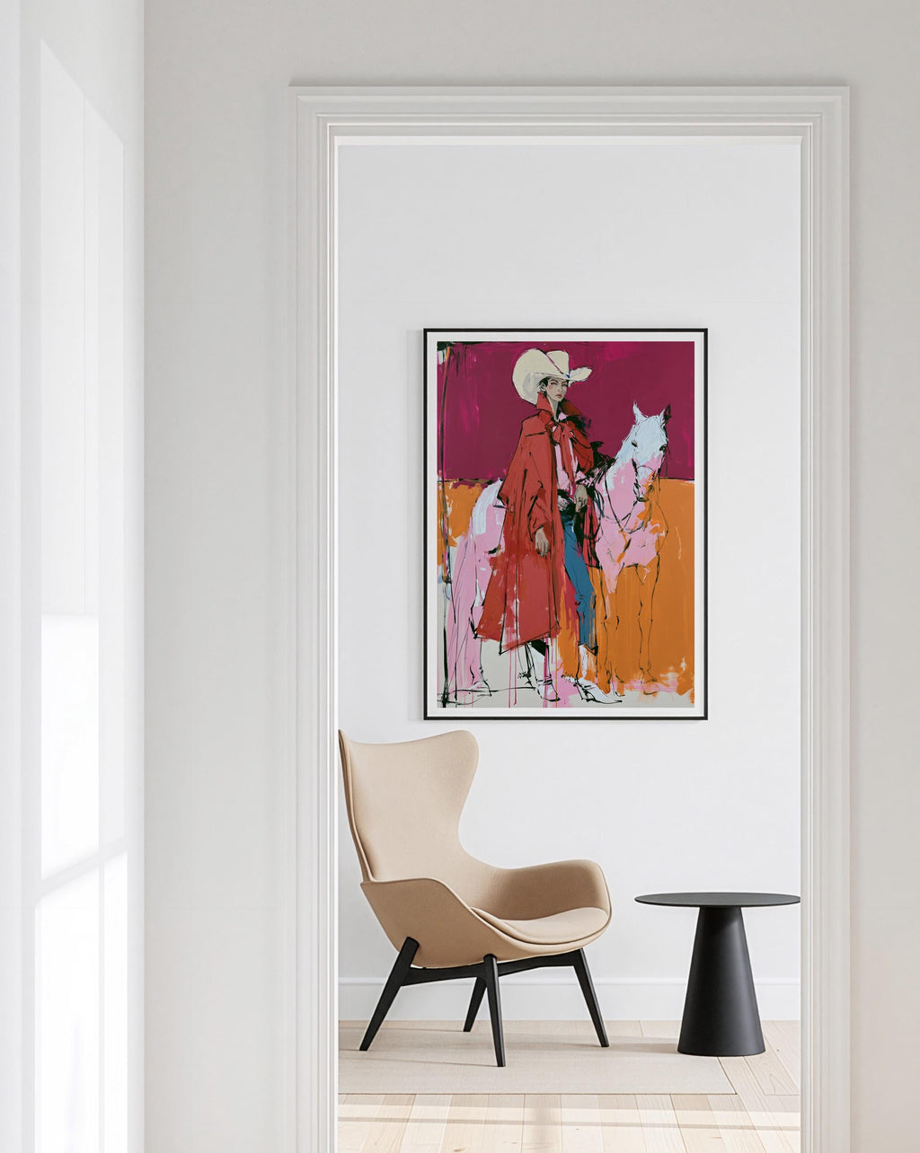 Western Wall Art, Red Cowgirl Print, White Horse Wall Art, Pink Western Decor