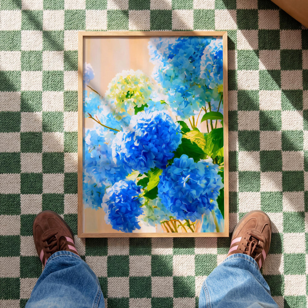Blue Hydrangea Wall Art, Elegant Blue Floral Print for Living Room Decor