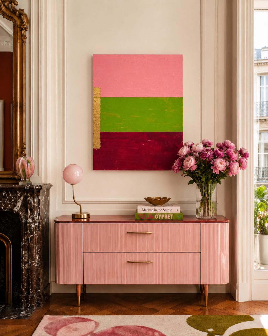 Color Block Abstract Painting Pink Green Burgundy, Gold Leaf Modern Canvas Art, Bold Minimal Wall Decor, Original Artwork 24x30