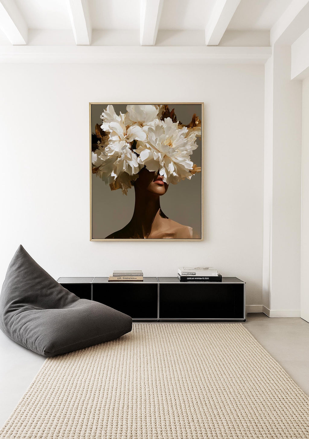 Black Woman Art Print, White Floral Portrait Poster, Elegant Wall Decor