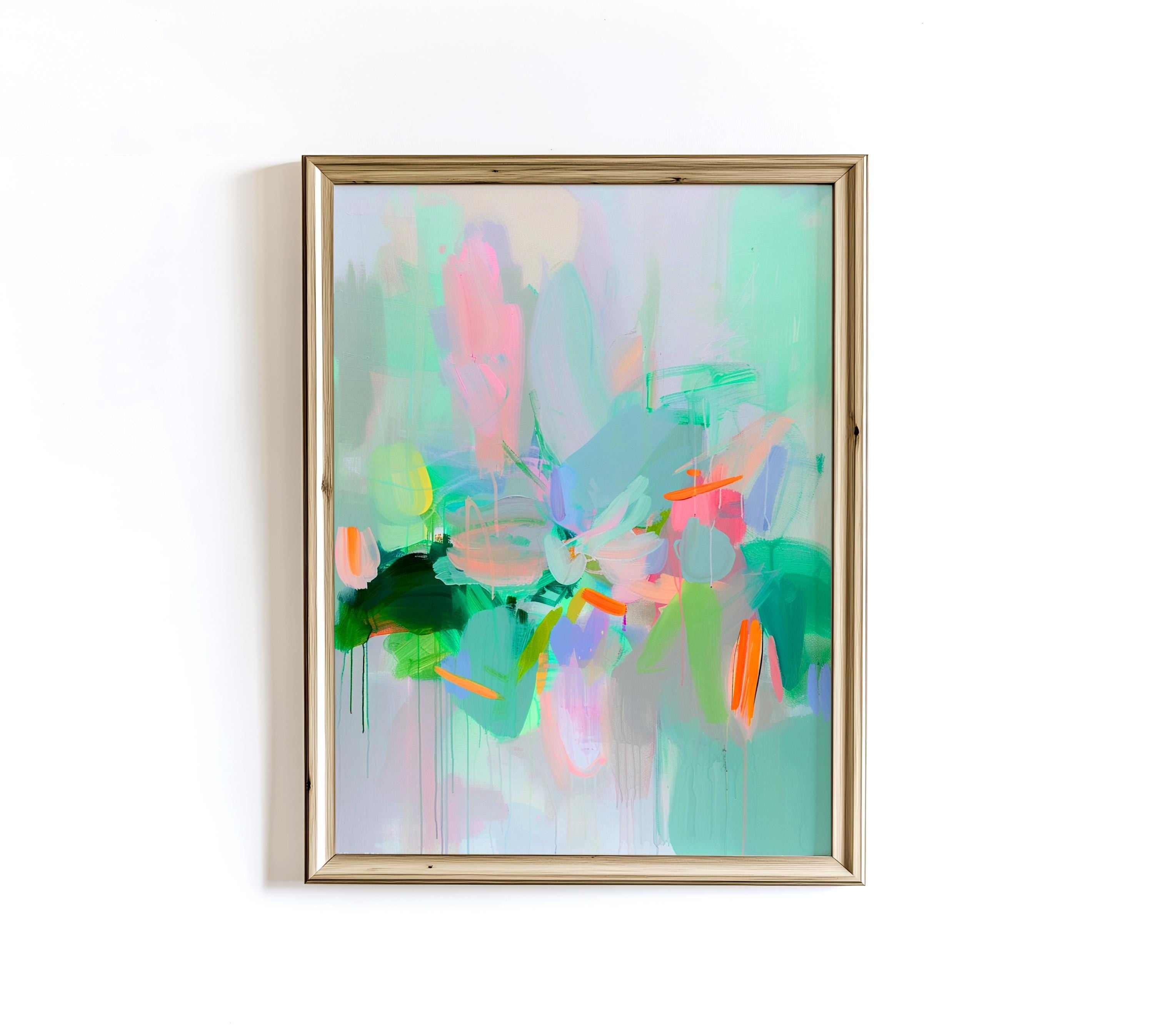 May include: Abstract art print in a gold frame. The artwork features a vibrant mix of colors, including shades of green, pink, blue, and orange. The brushstrokes create a dynamic and expressive composition, perfect for adding a pop of color to any space.