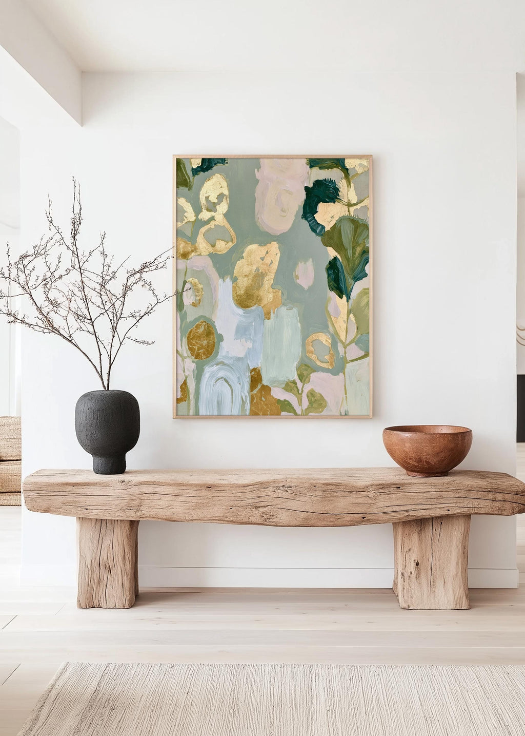 Sage Green Floral Art Print, Gold Abstract Botanical Painting, Soft Wall Decor