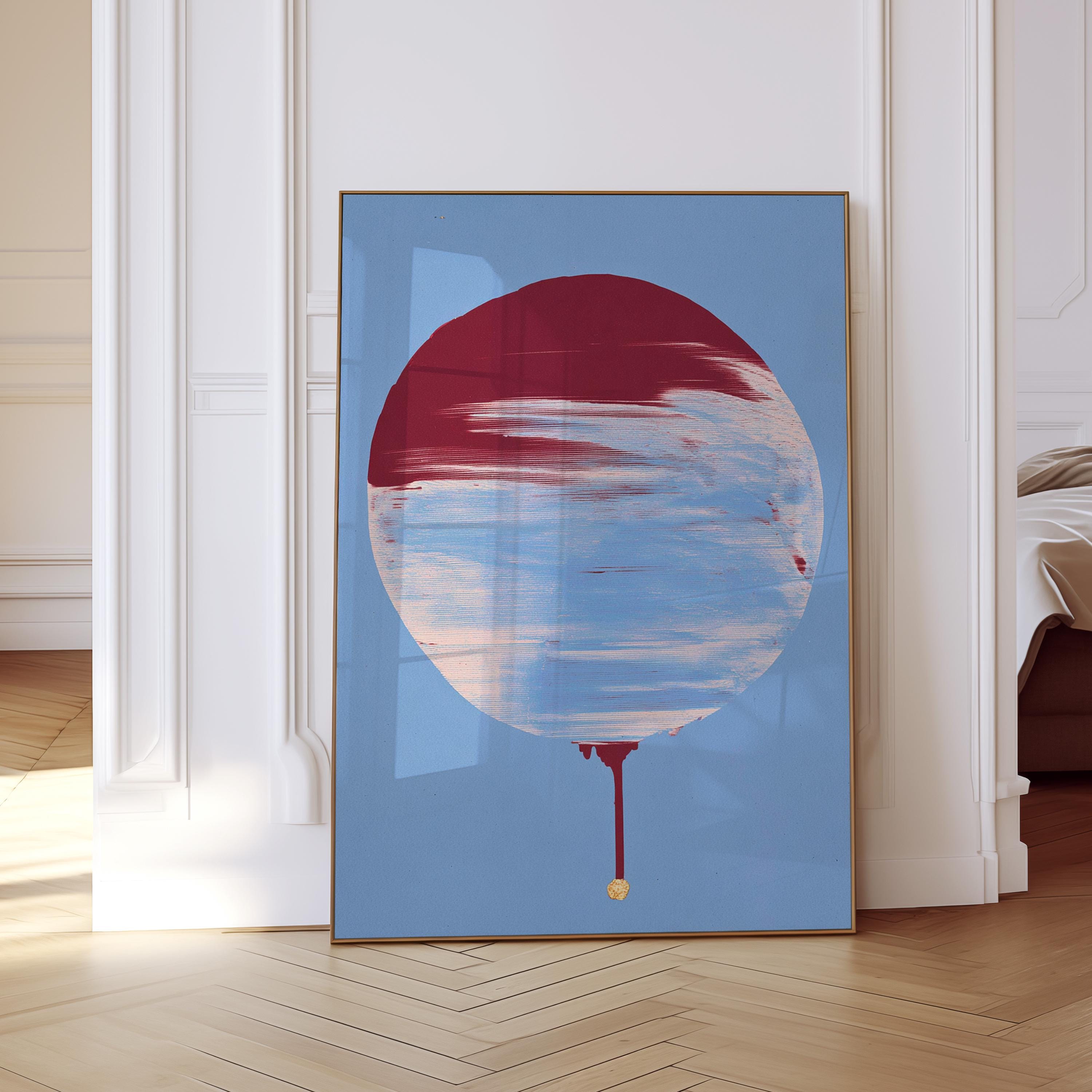 Crimson Circle Abstract Print, Blue Drip Painting Poster, Modern Geometric Canvas Decor