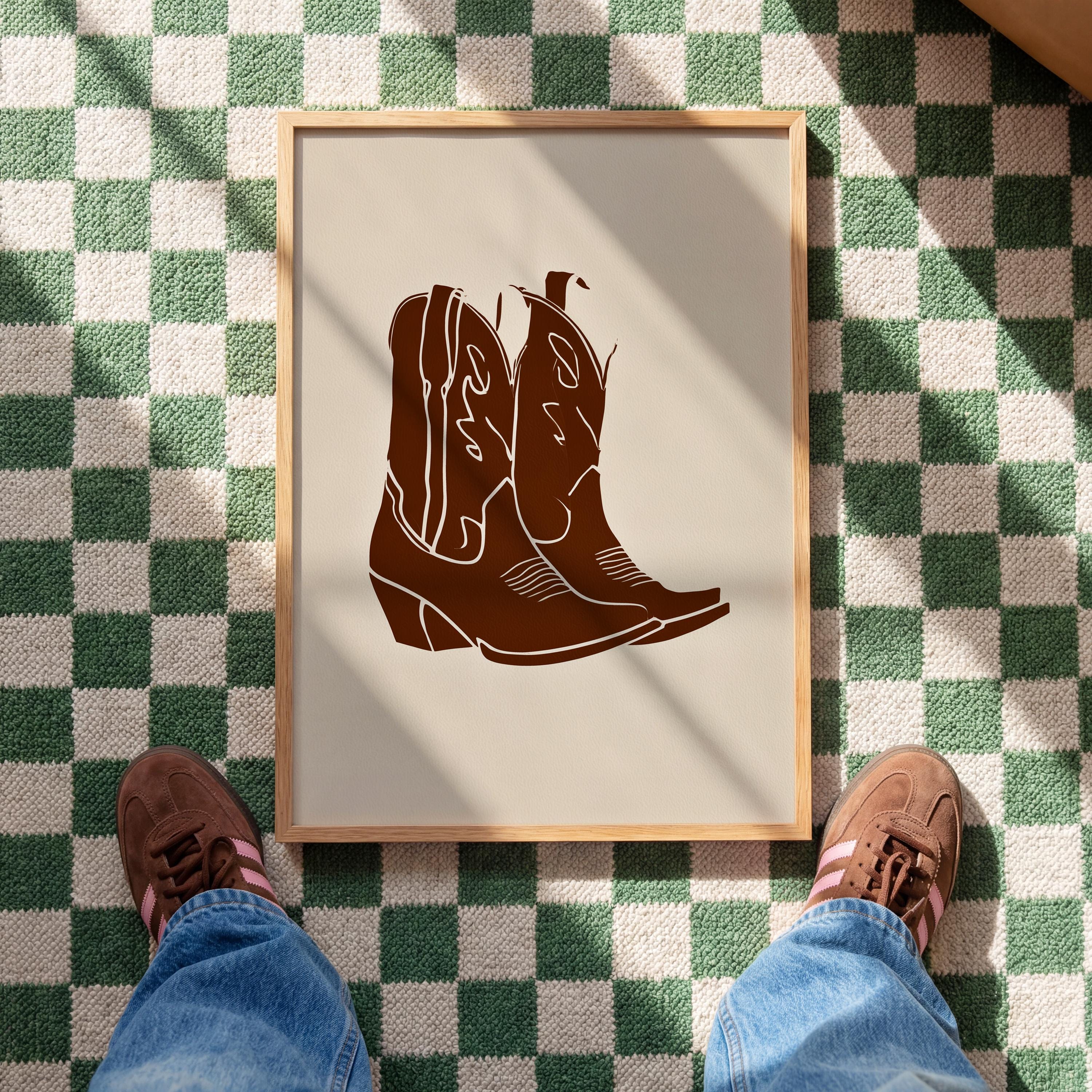 Cowboy Boot Art Print, Brown Western Wall Decor, Minimal Cowgirl Poster