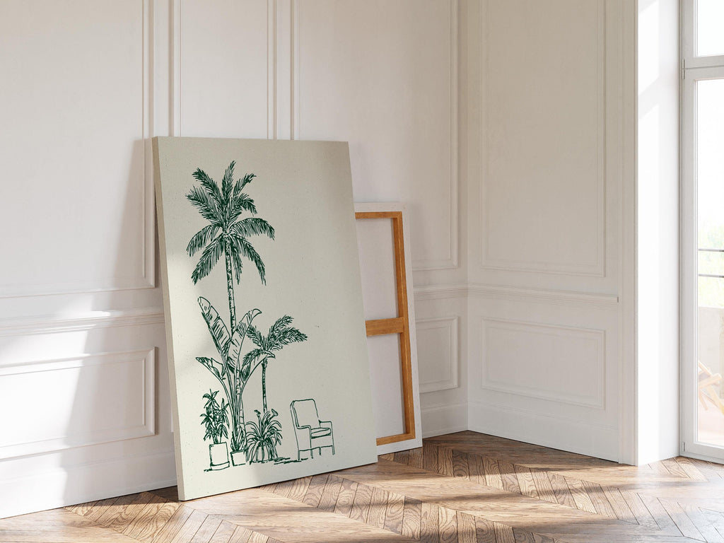 Palm Tree Wall Art Print, Minimal Botanical Line Art, Green Tropical Decor