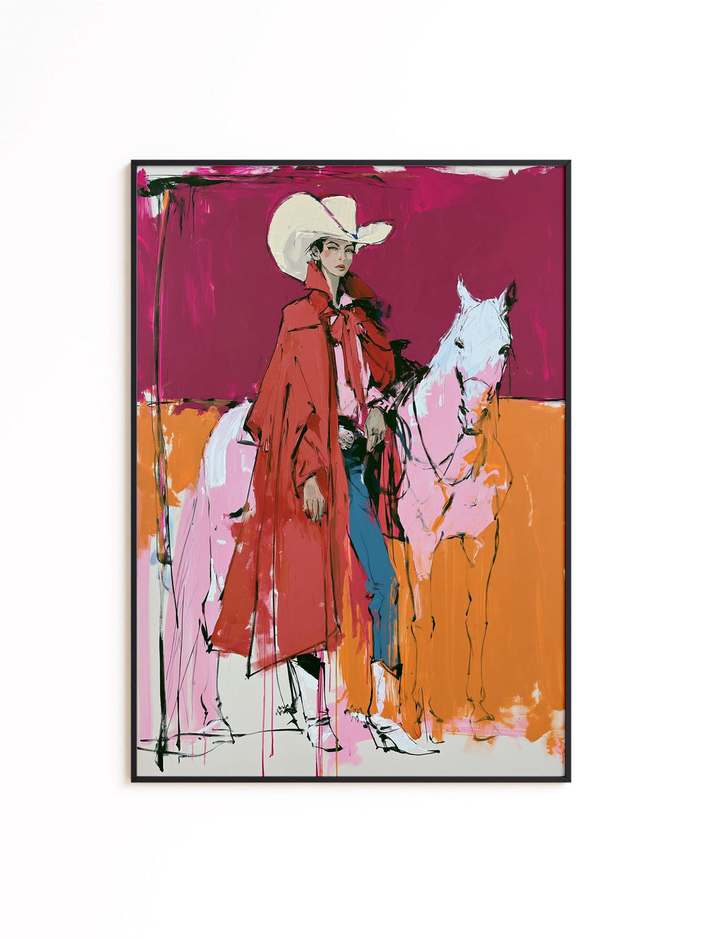 Western Wall Art, Red Cowgirl Print, White Horse Wall Art, Pink Western Decor