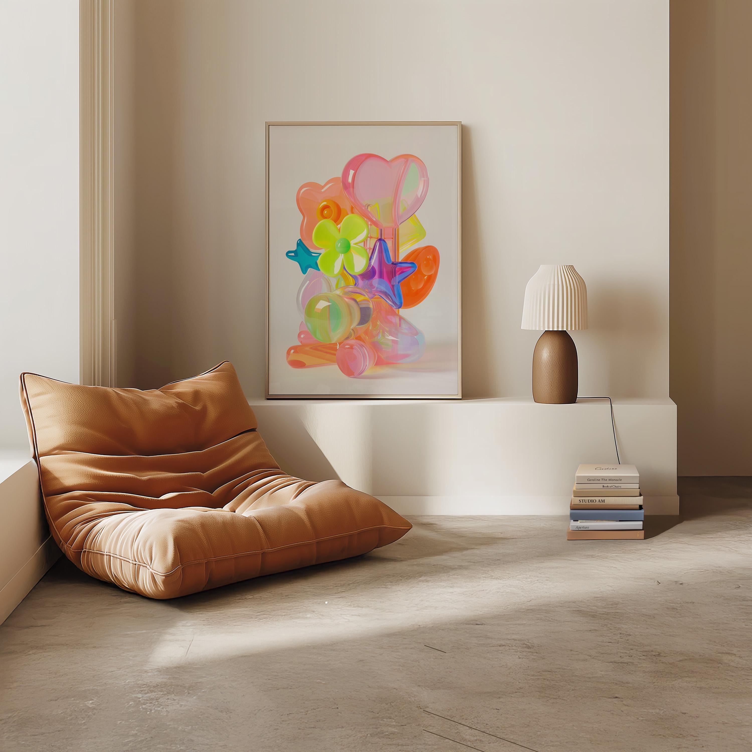 May include: A framed artwork featuring a still life of colorful, translucent shapes, including hearts, stars, and flowers. The painting has a soft, pastel color palette. A brown, modern floor chair is in the foreground. A small lamp and books are on a white shelf.