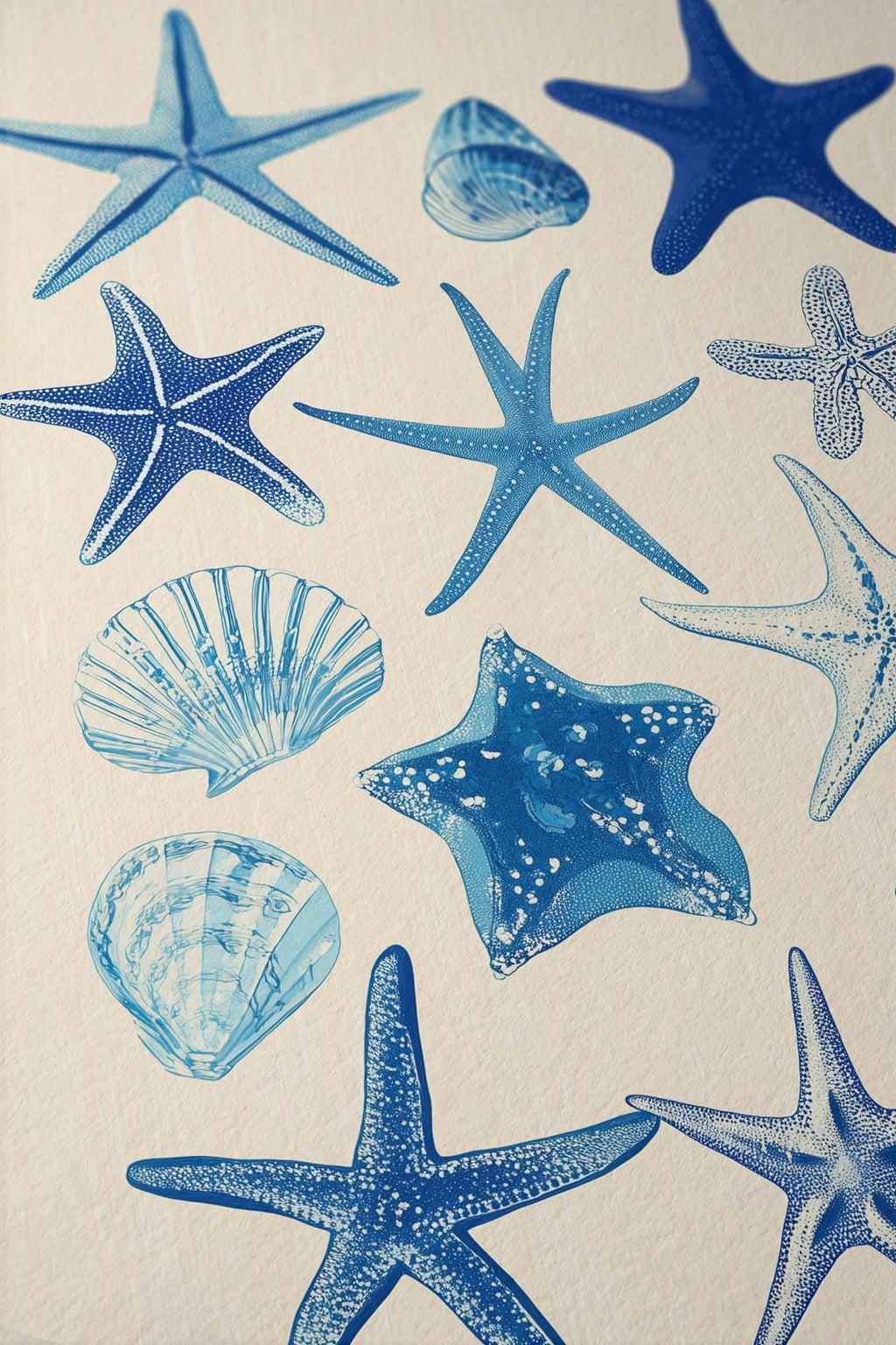 Starfish Wall Art Print, Blue Seashell Poster, Coastal Bathroom Decor